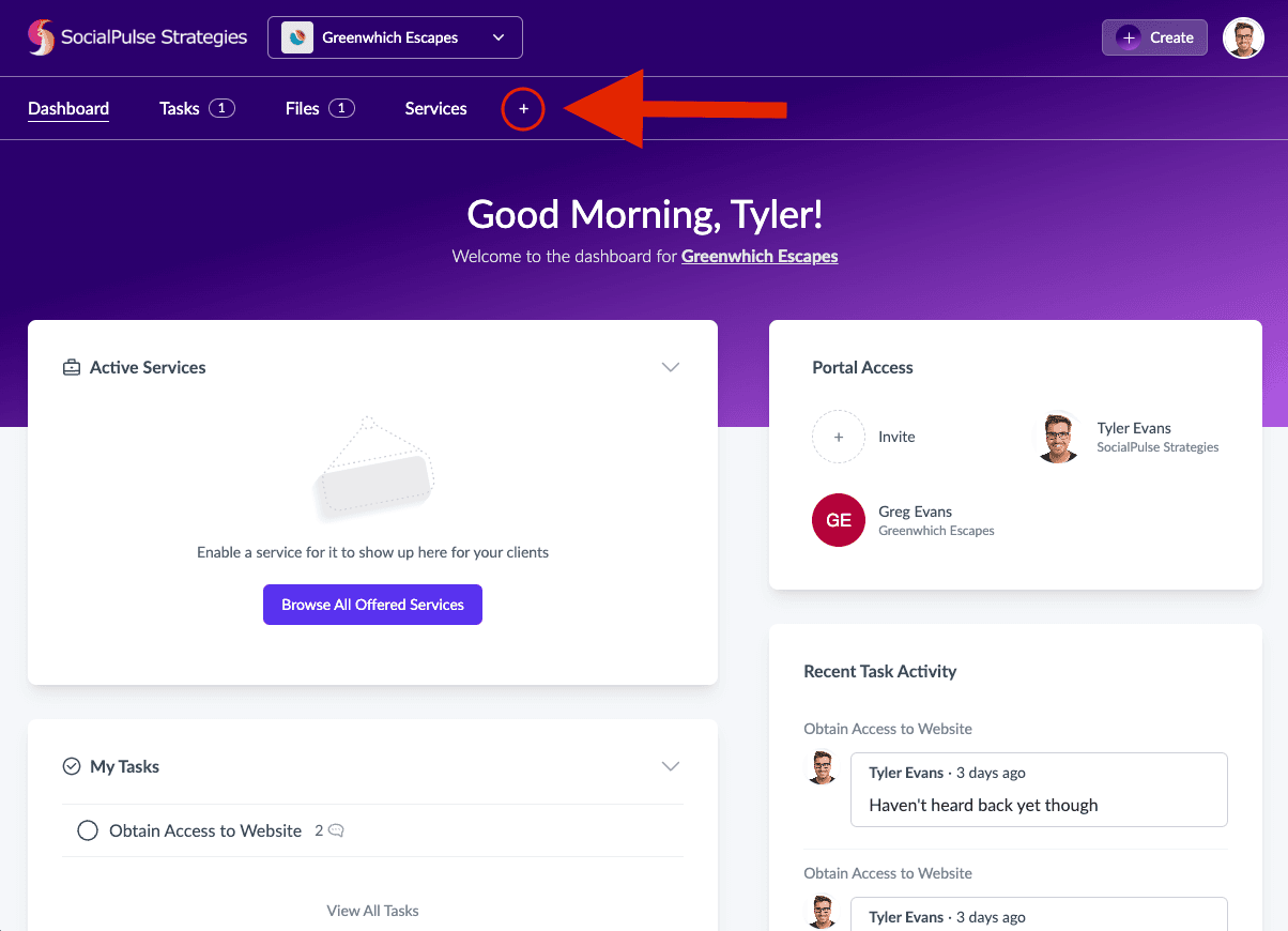 Plus button beside client portal navigation used to add a custom page