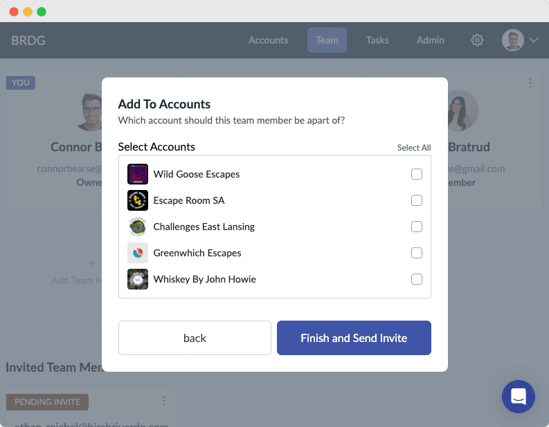 Team invite dialog used to choose the client accounts a new member can access