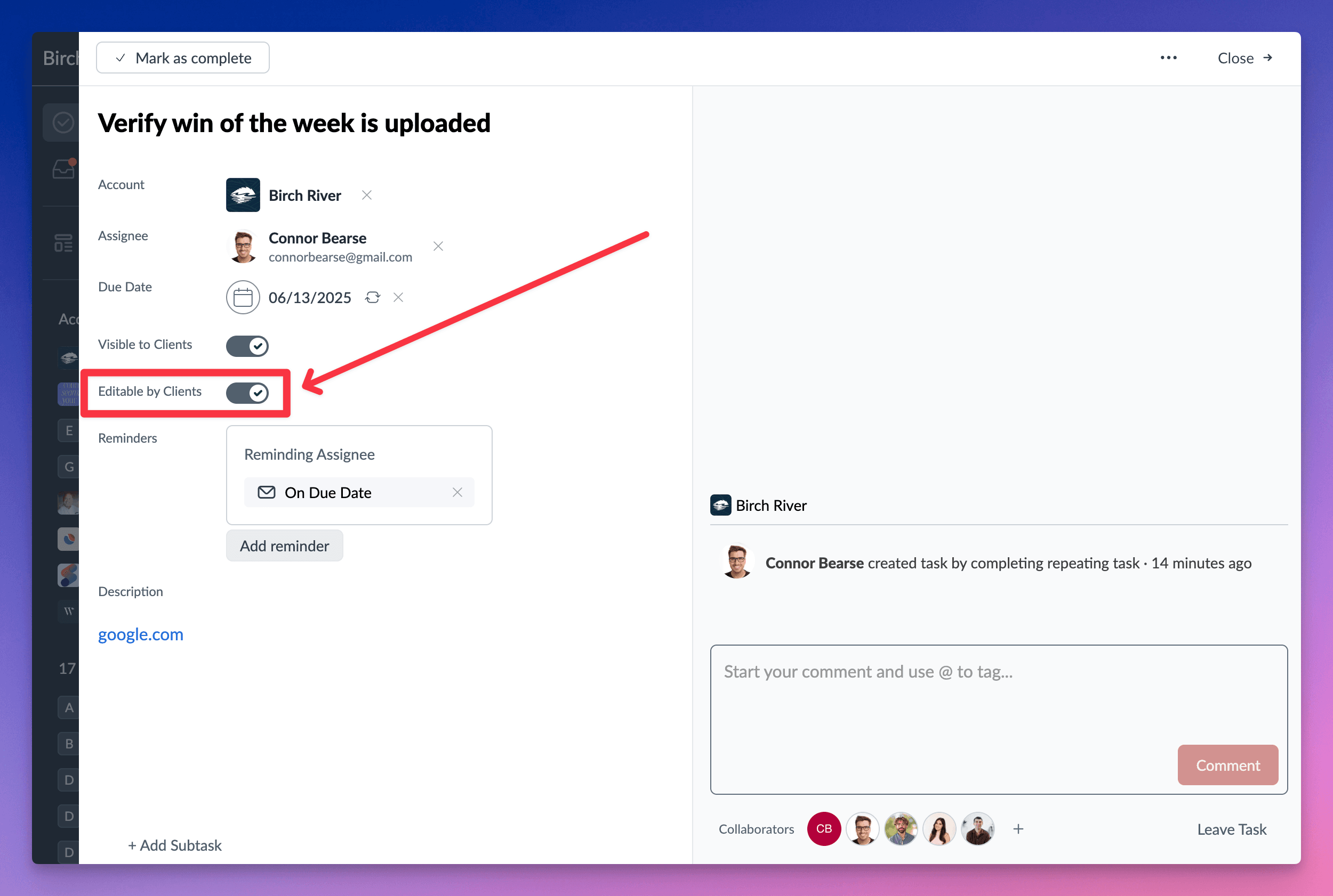 Task client-access control used to stop clients from editing a visible task