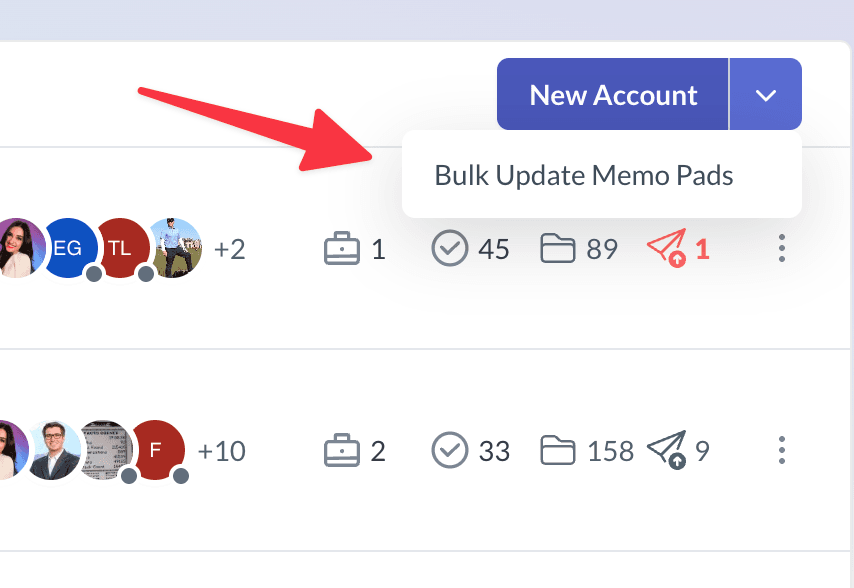 New Account menu with Bulk Update Memo Pads highlighted