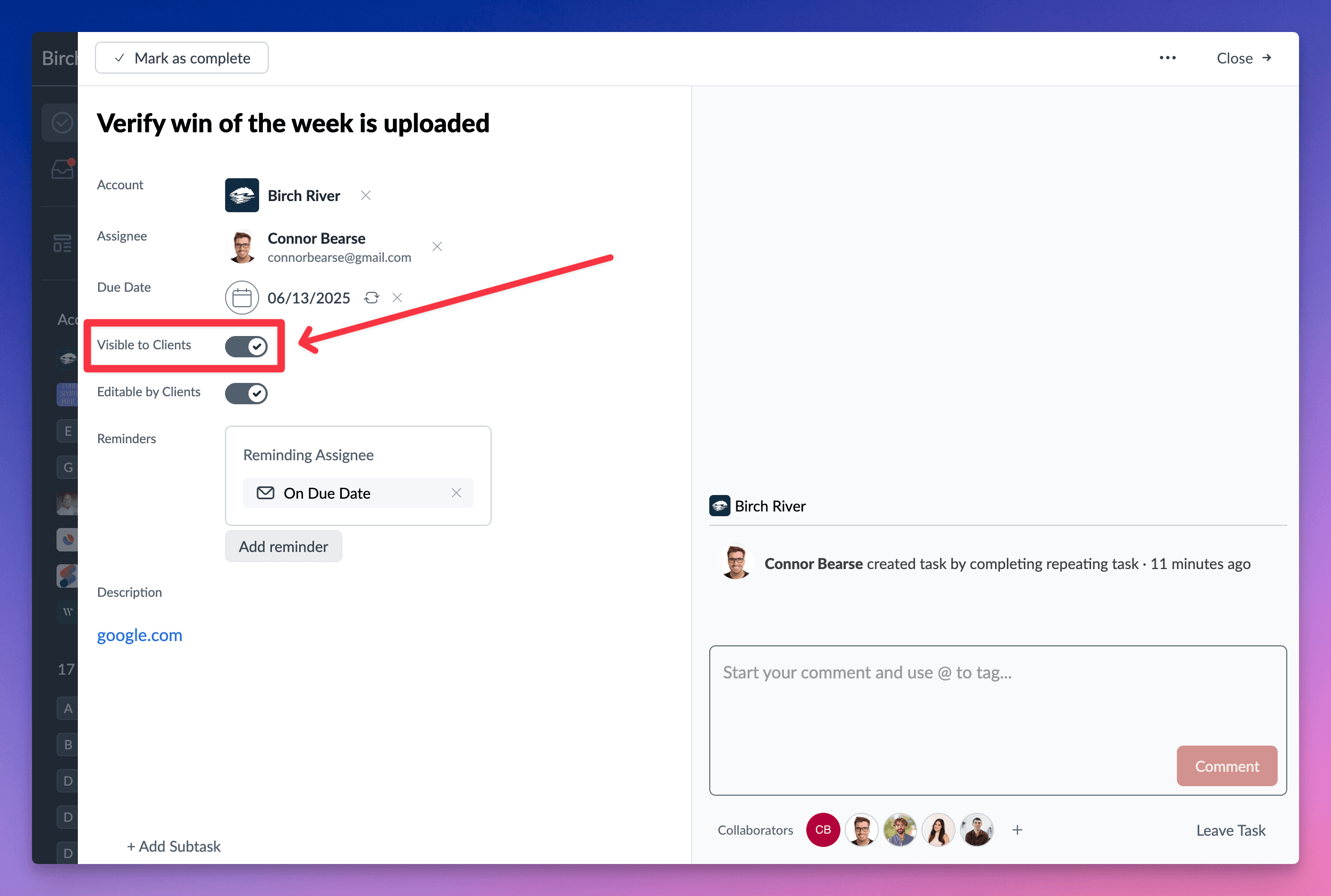 Task client-access control used to hide a task from clients