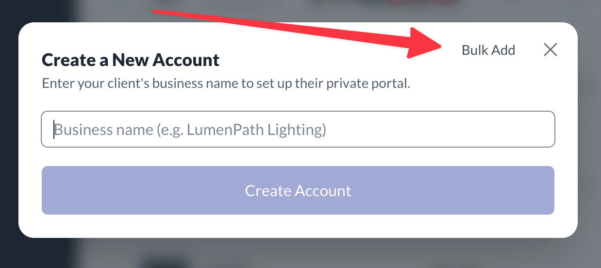 Create a New Account dialog with Bulk Add highlighted
