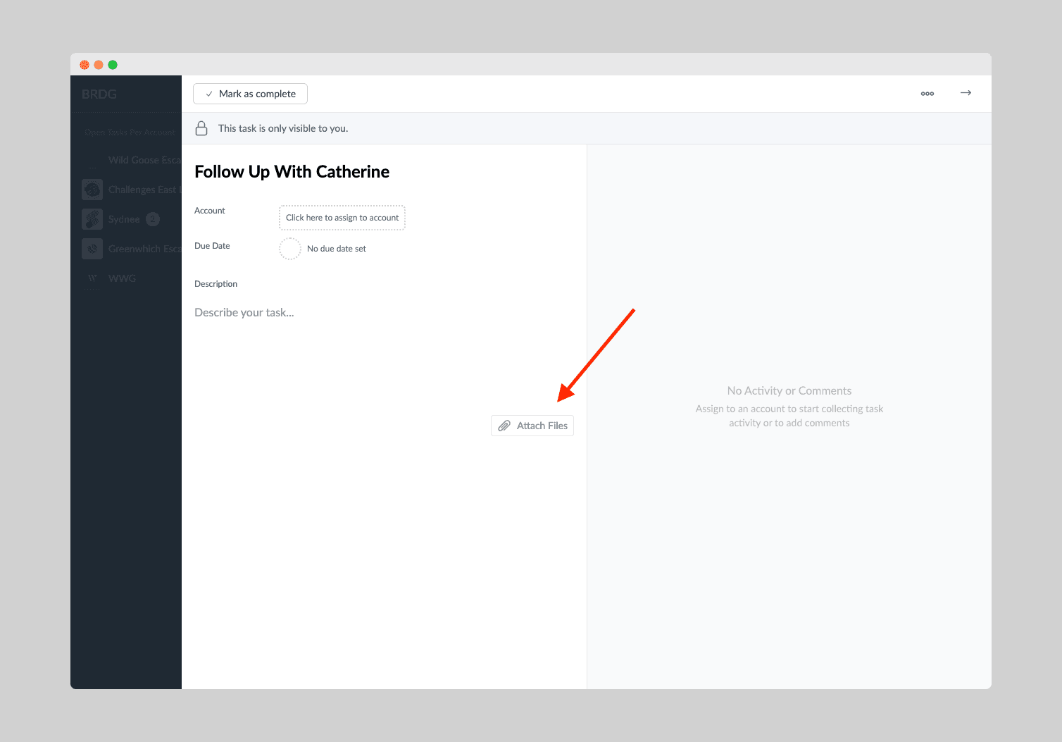 Task drawer with the Attach Files action highlighted
