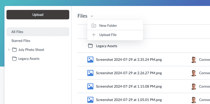 Files menu with New Folder and Upload File actions