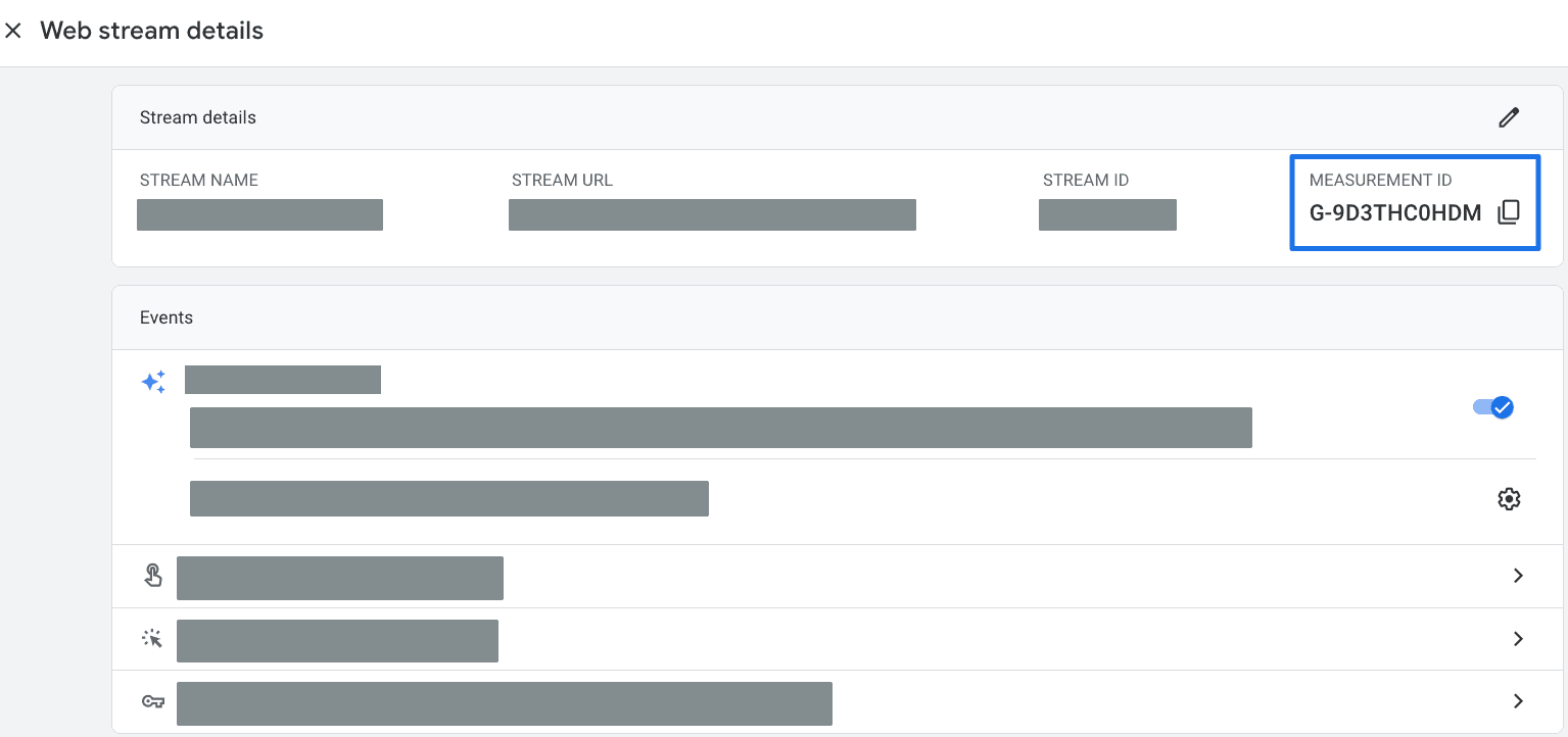 Google Analytics web stream details with the Measurement ID highlighted