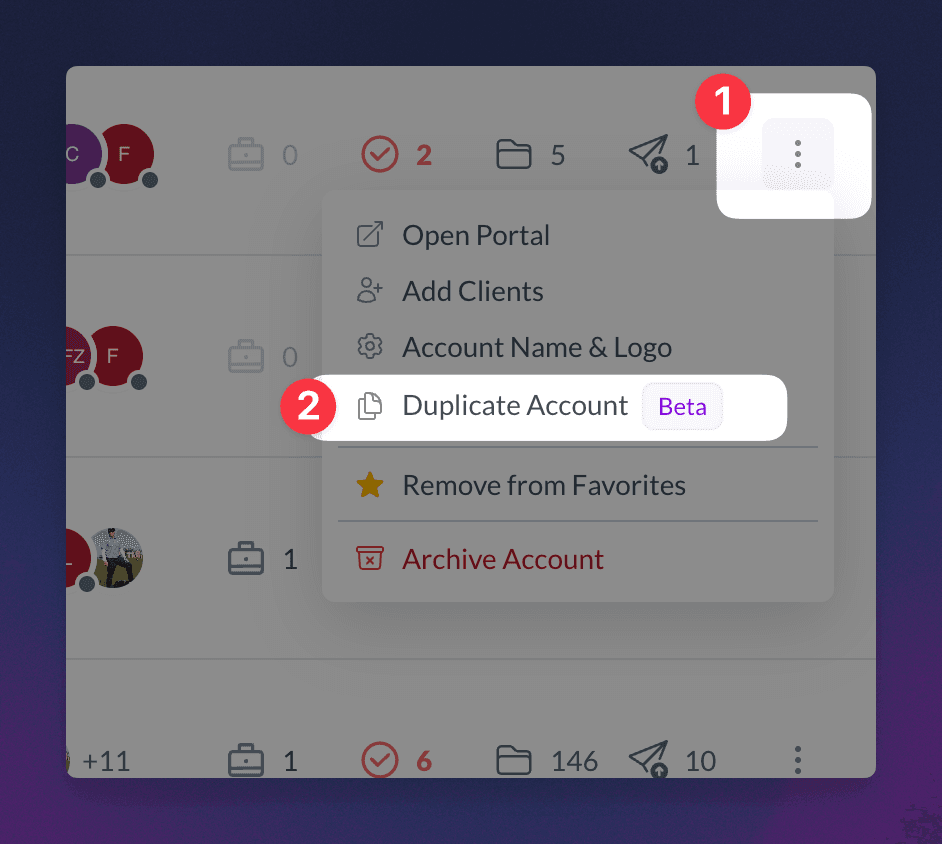 Client account menu with Duplicate Account highlighted