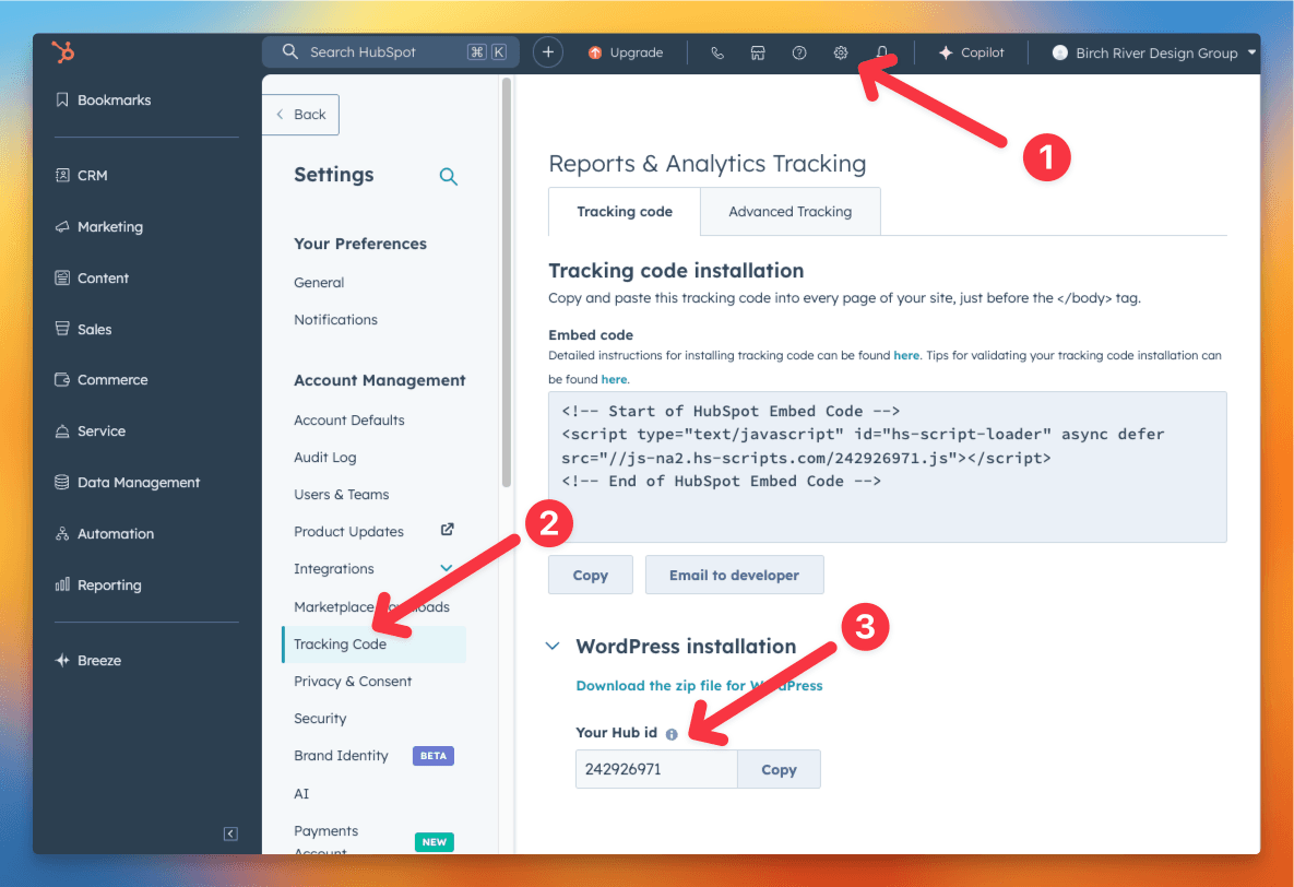 HubSpot tracking settings with the portal ID location highlighted
