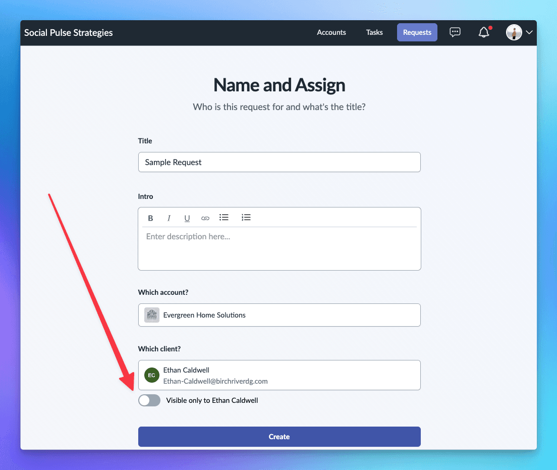 Request audience settings with one client selected and private access enabled