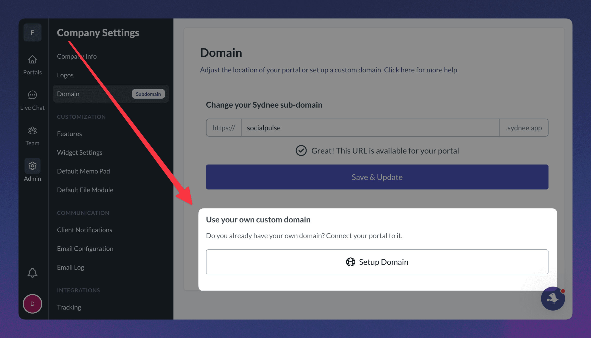 Company Settings domain page with the Setup Domain action highlighted