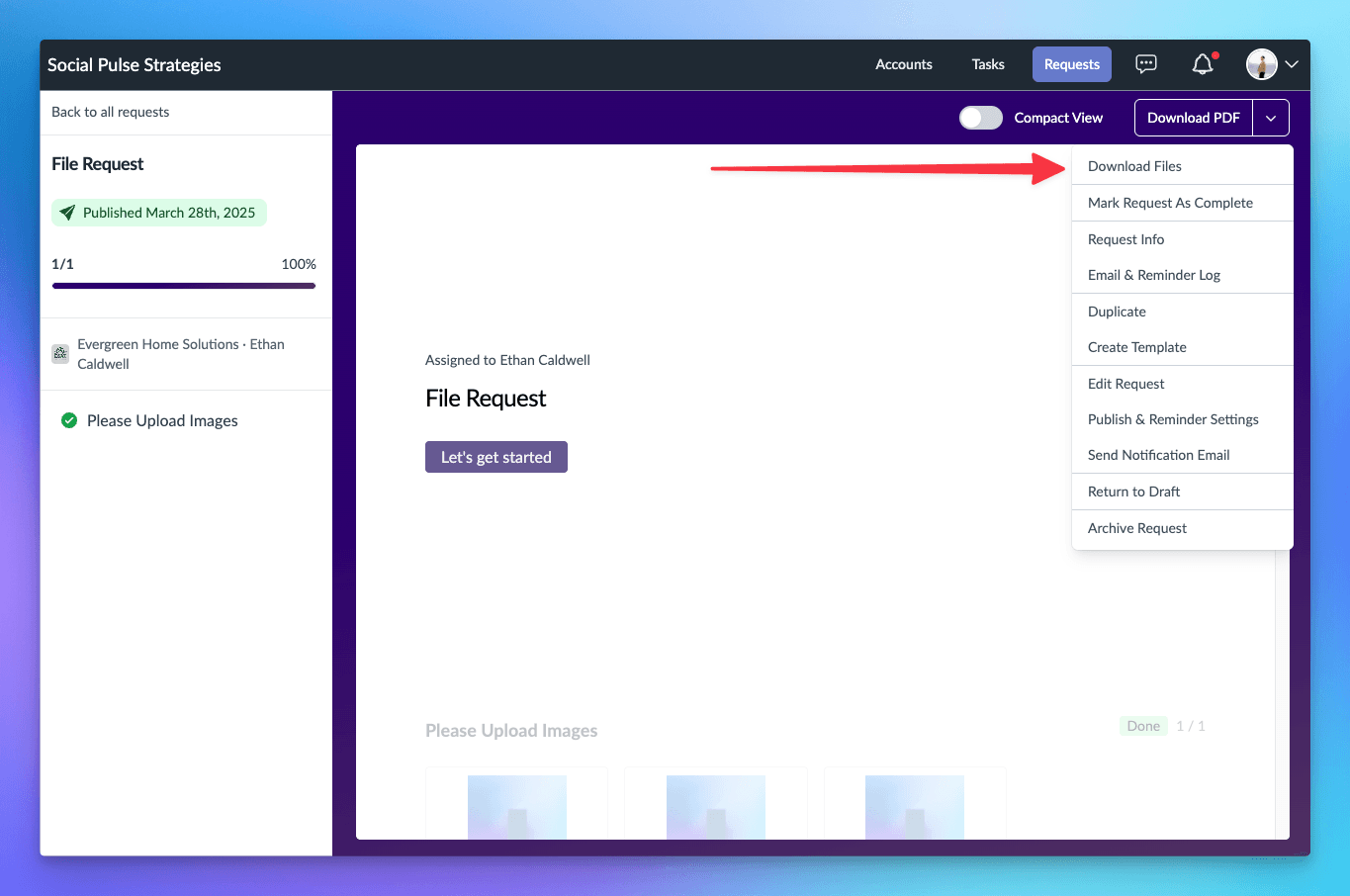 Published Request actions menu with Download Files highlighted