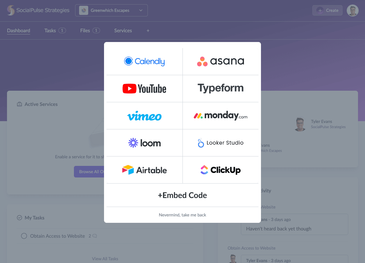 Custom page picker with supported provider shortcuts and Custom Embed