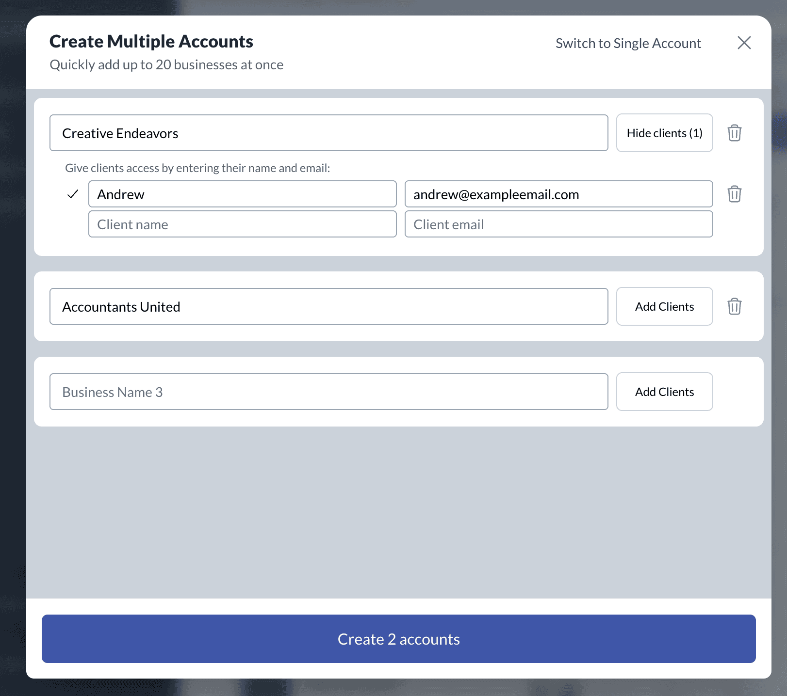 Create Multiple Accounts form with client rows and the create button