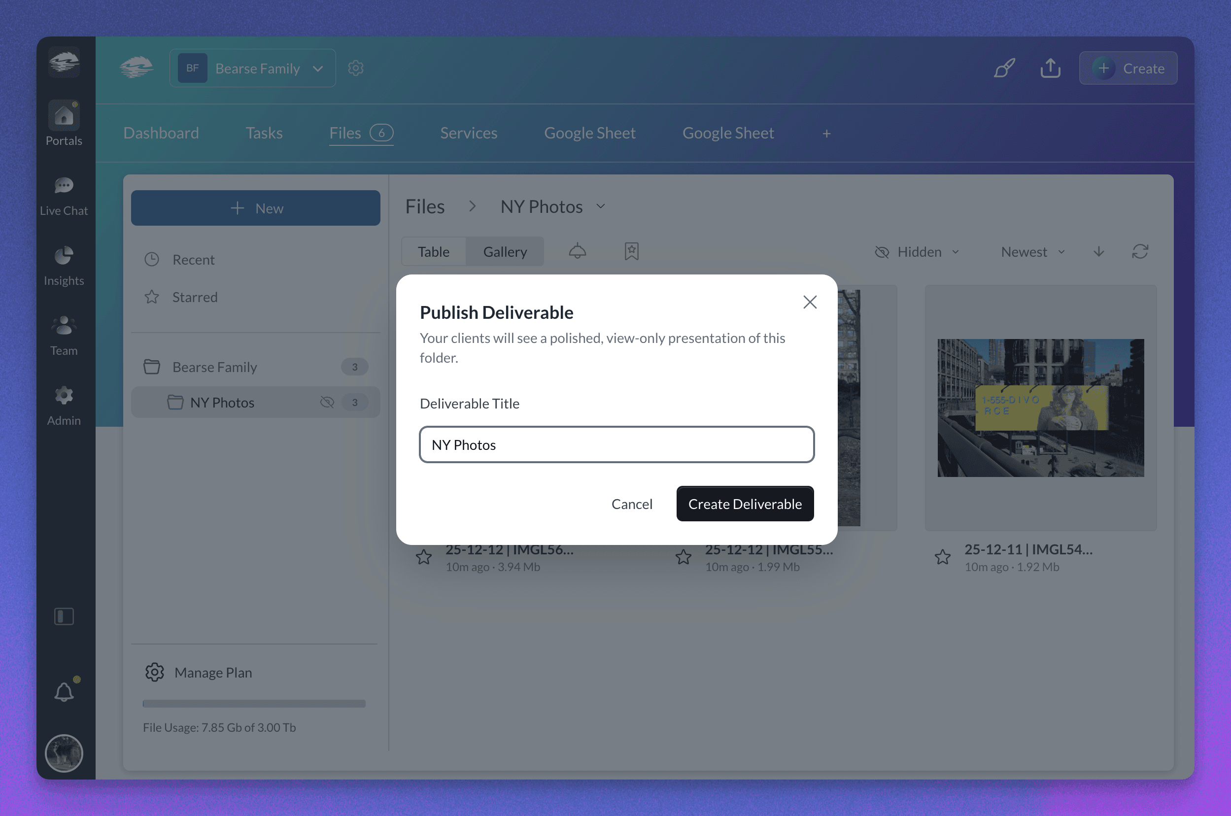 Publish Deliverable dialog with the deliverable title field
