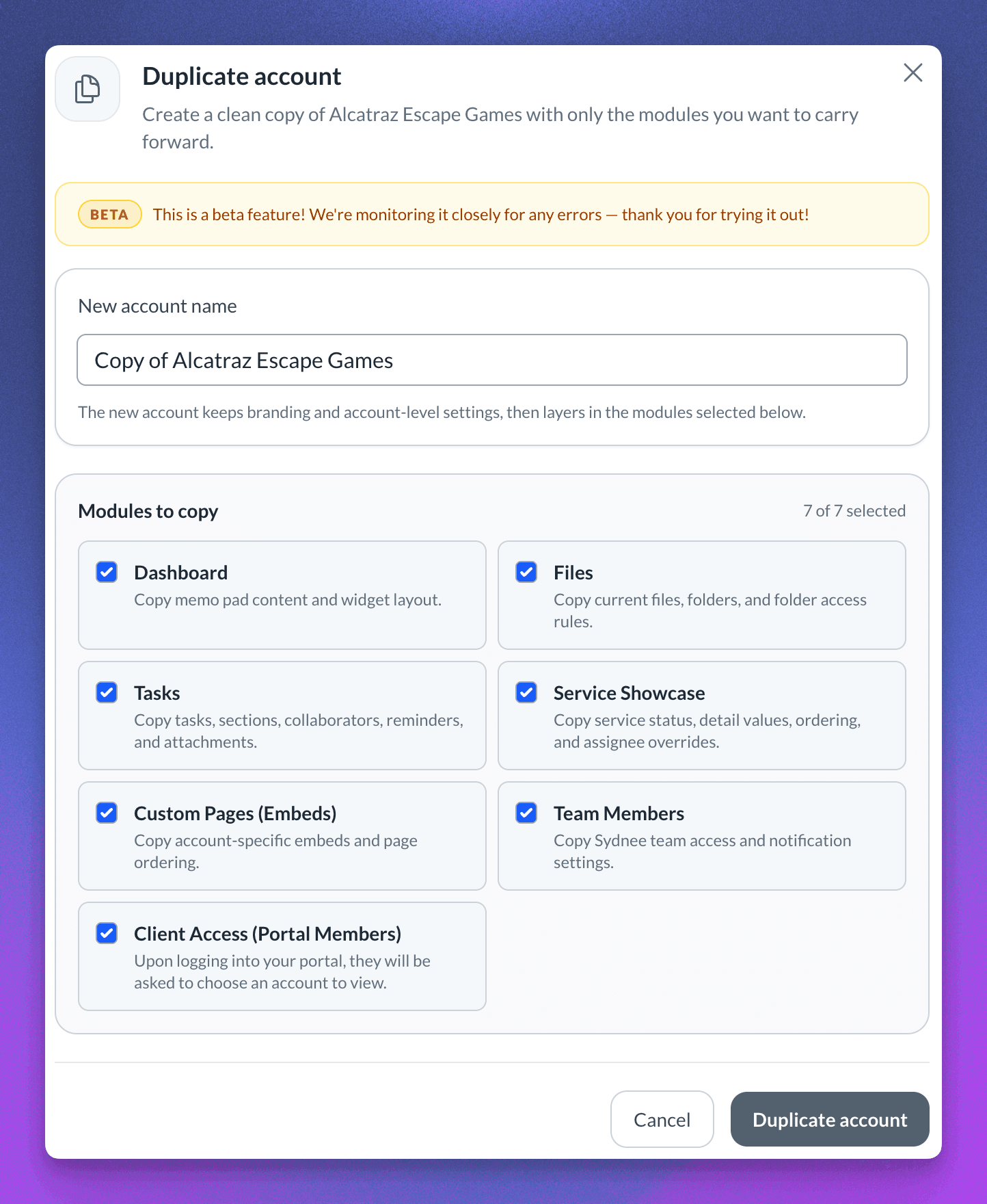 Duplicate account dialog with the account name and modules-to-copy choices