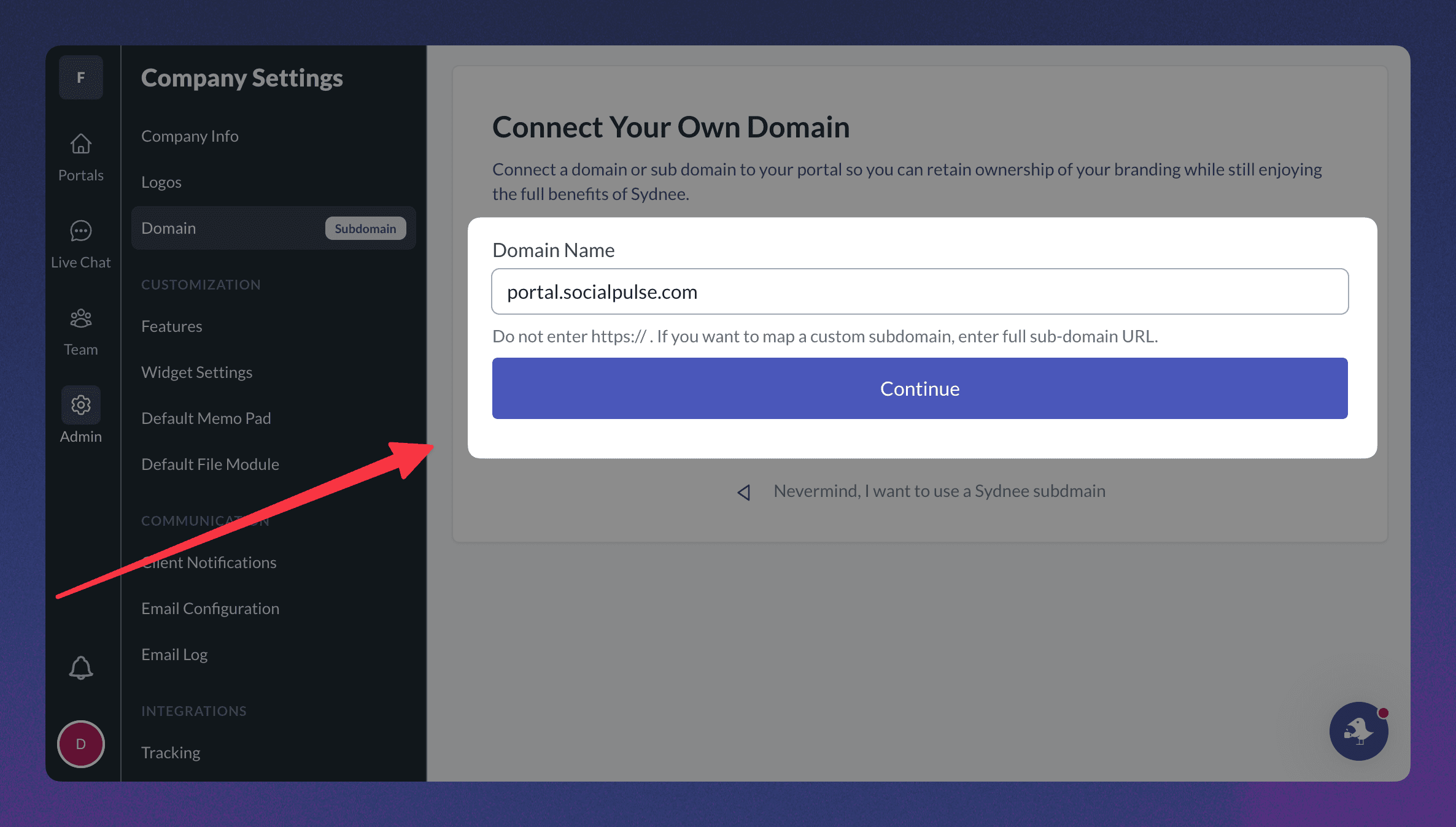 Connect Your Own Domain dialog with the domain-name field