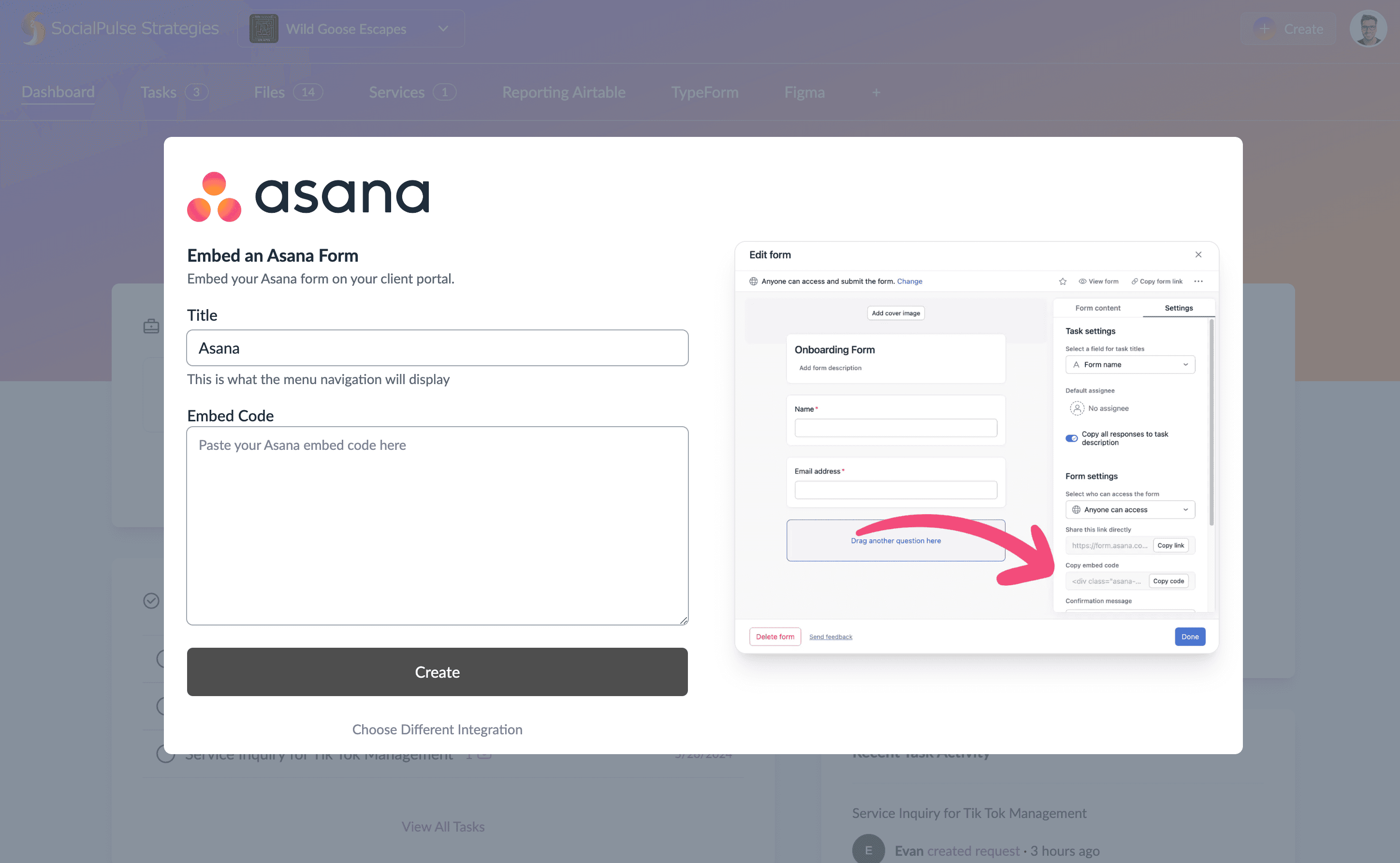 Custom page form with title and embed-code fields