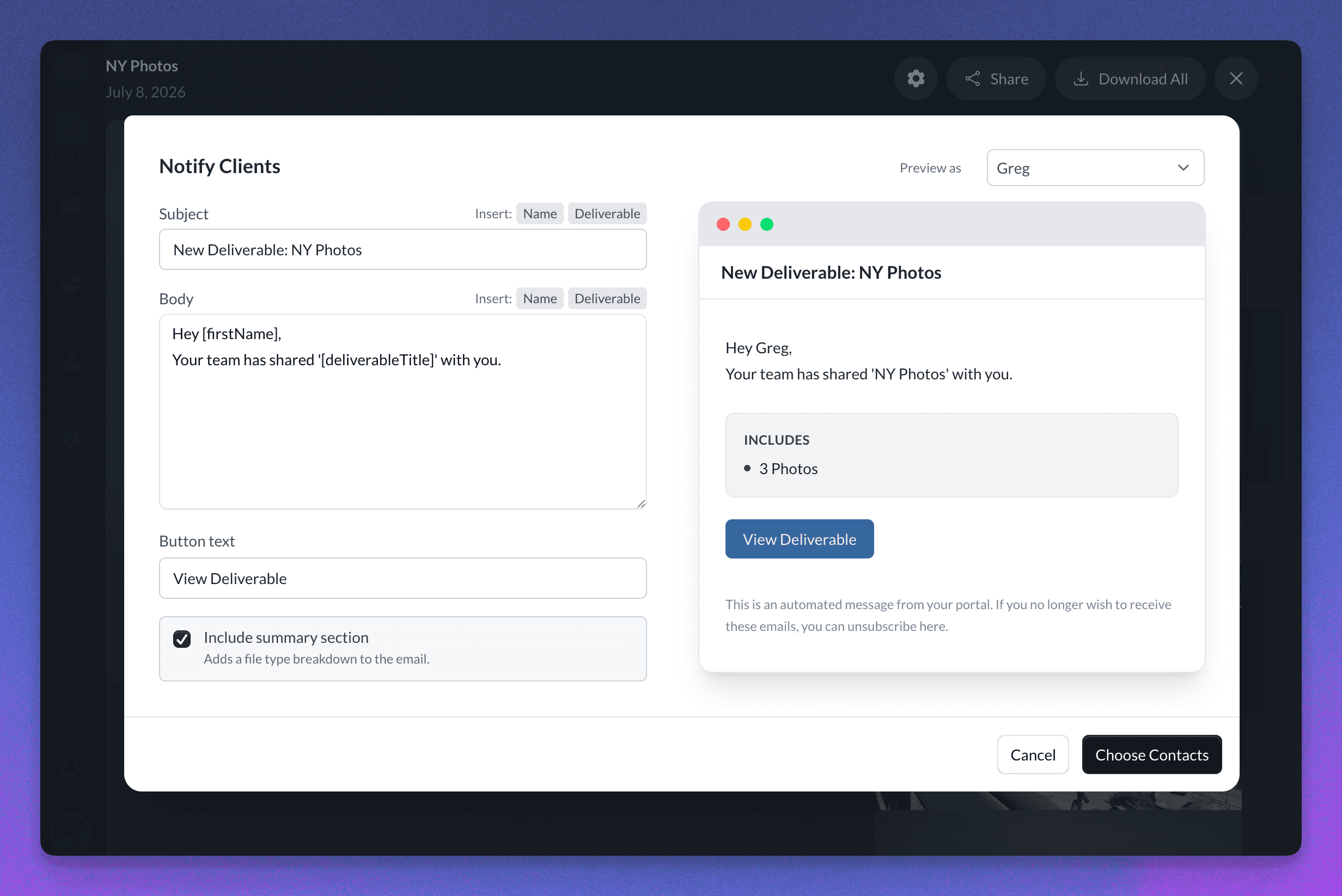 Share Deliverable dialog with client recipients and email content