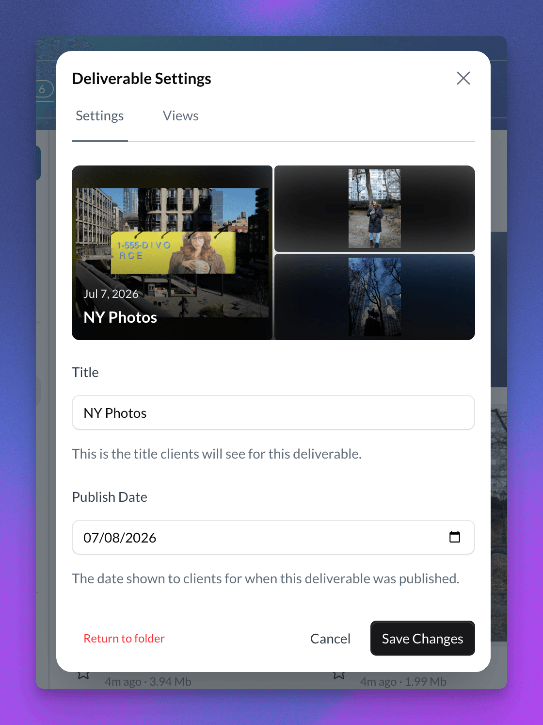 Deliverable Settings panel with title, publish date, and client views