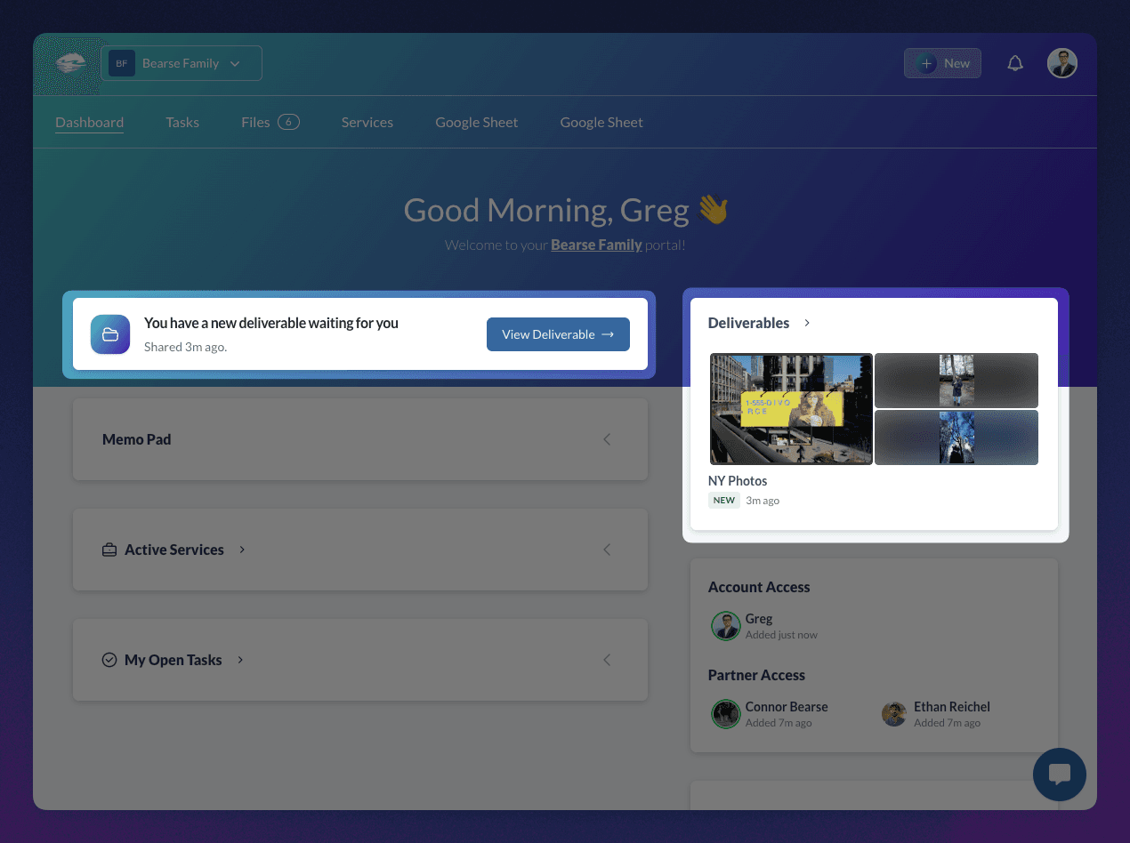 Client portal home card announcing a new Deliverable