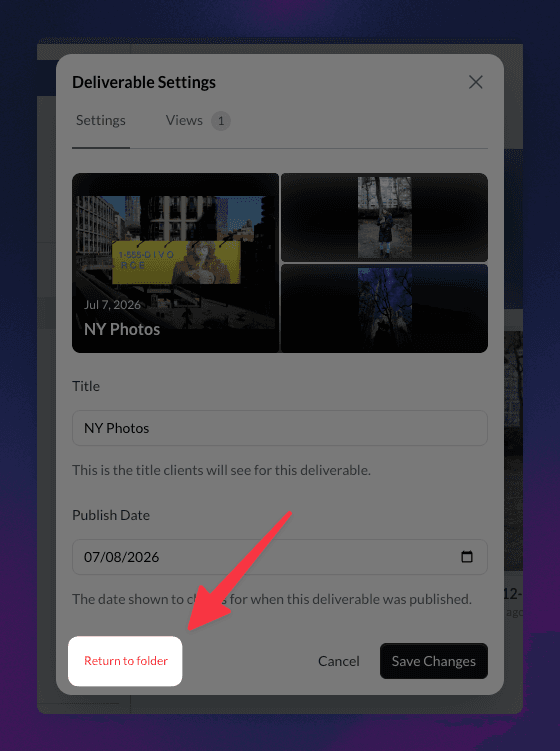 Deliverable Settings panel with Return to folder highlighted