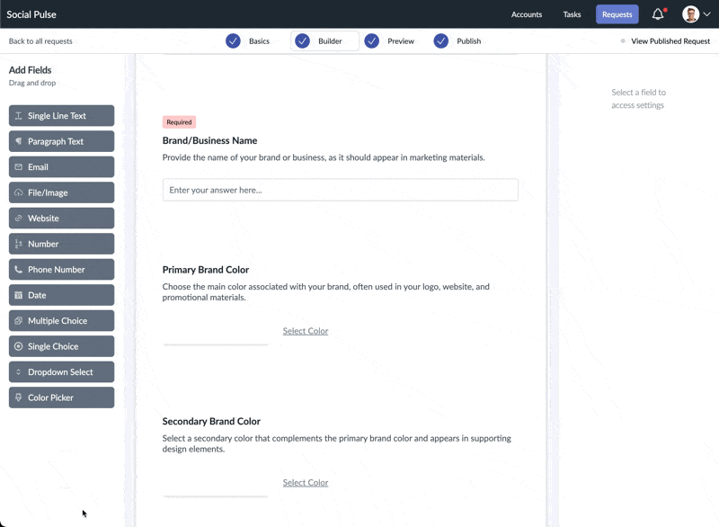 Request form builder with drag-and-drop fields and a live preview