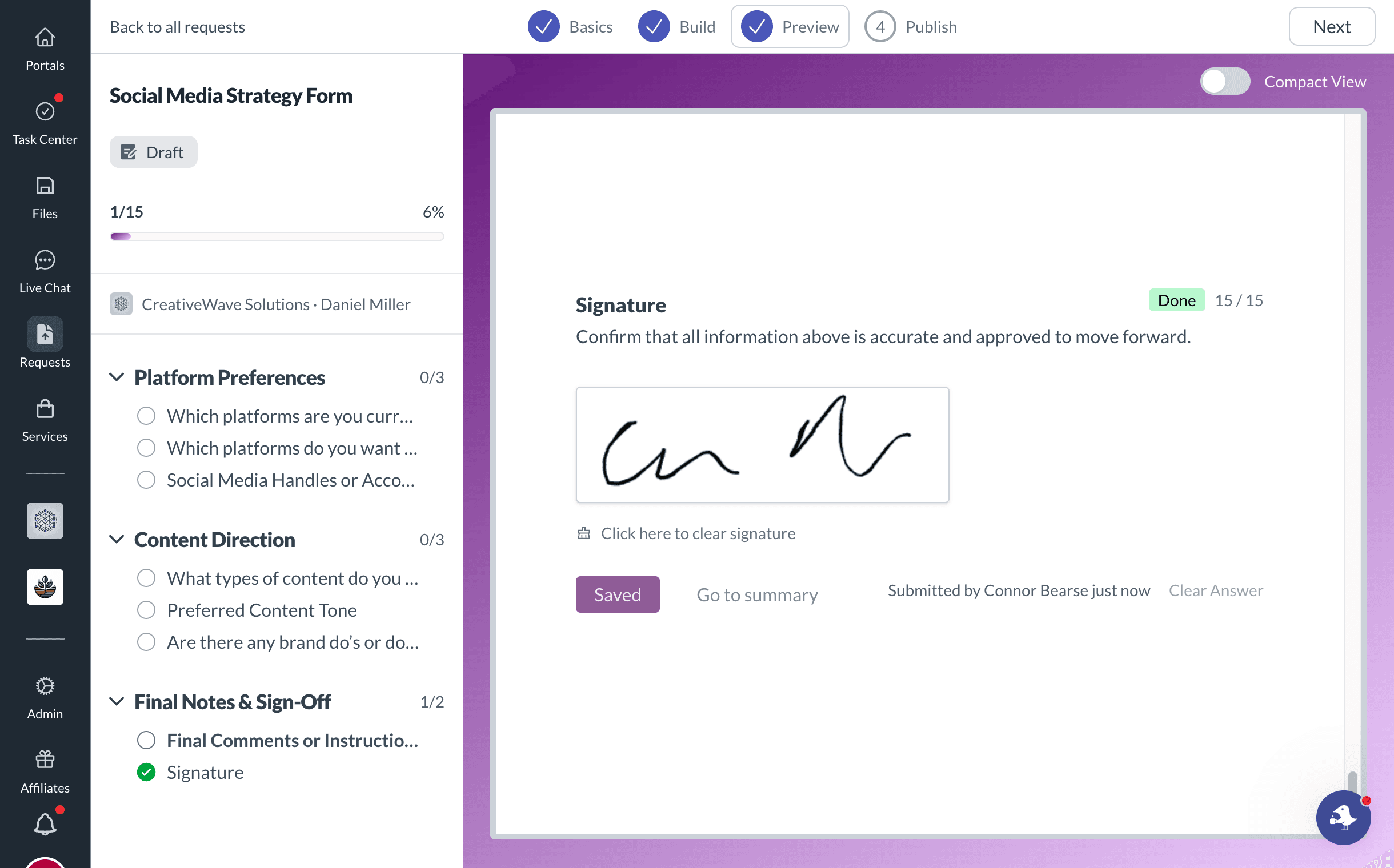 Signature field inside a client request form