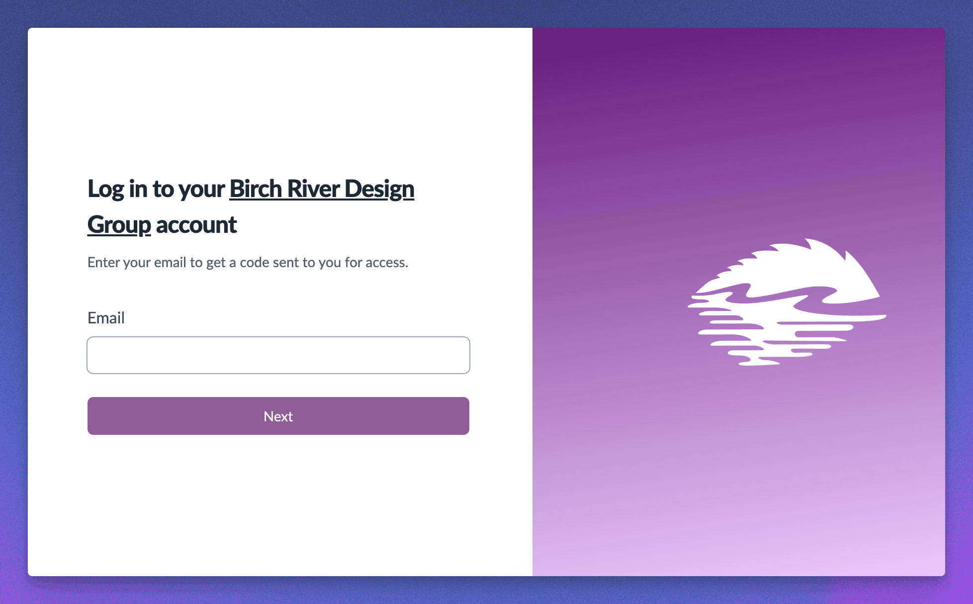 Passwordless client portal login screen