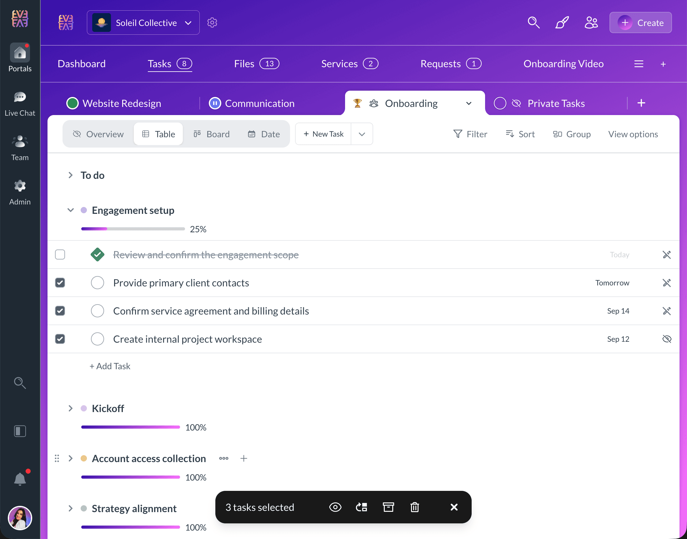 Three selected tasks with controls for visibility, moving, archiving, and deleting