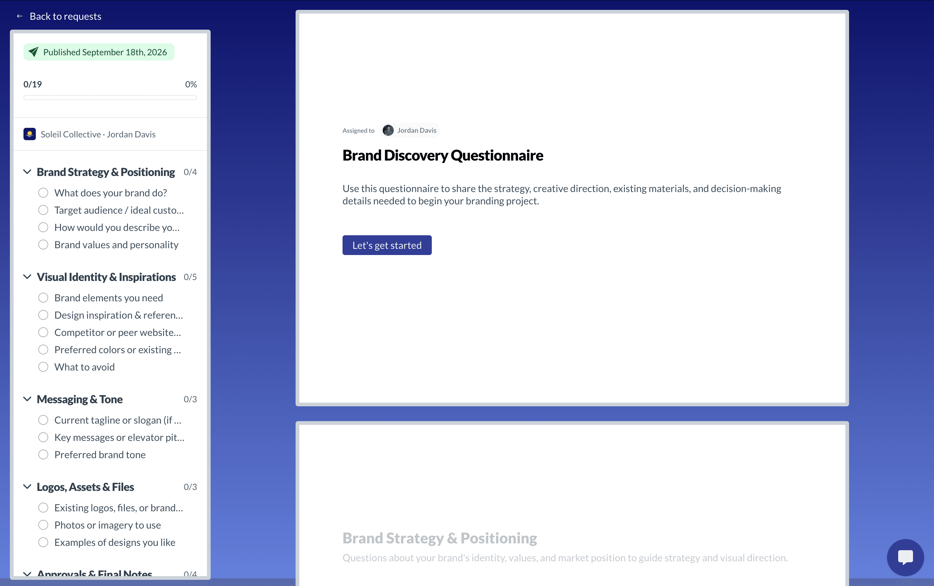 Client intake form in a branded portal, showing sections and answer progress
