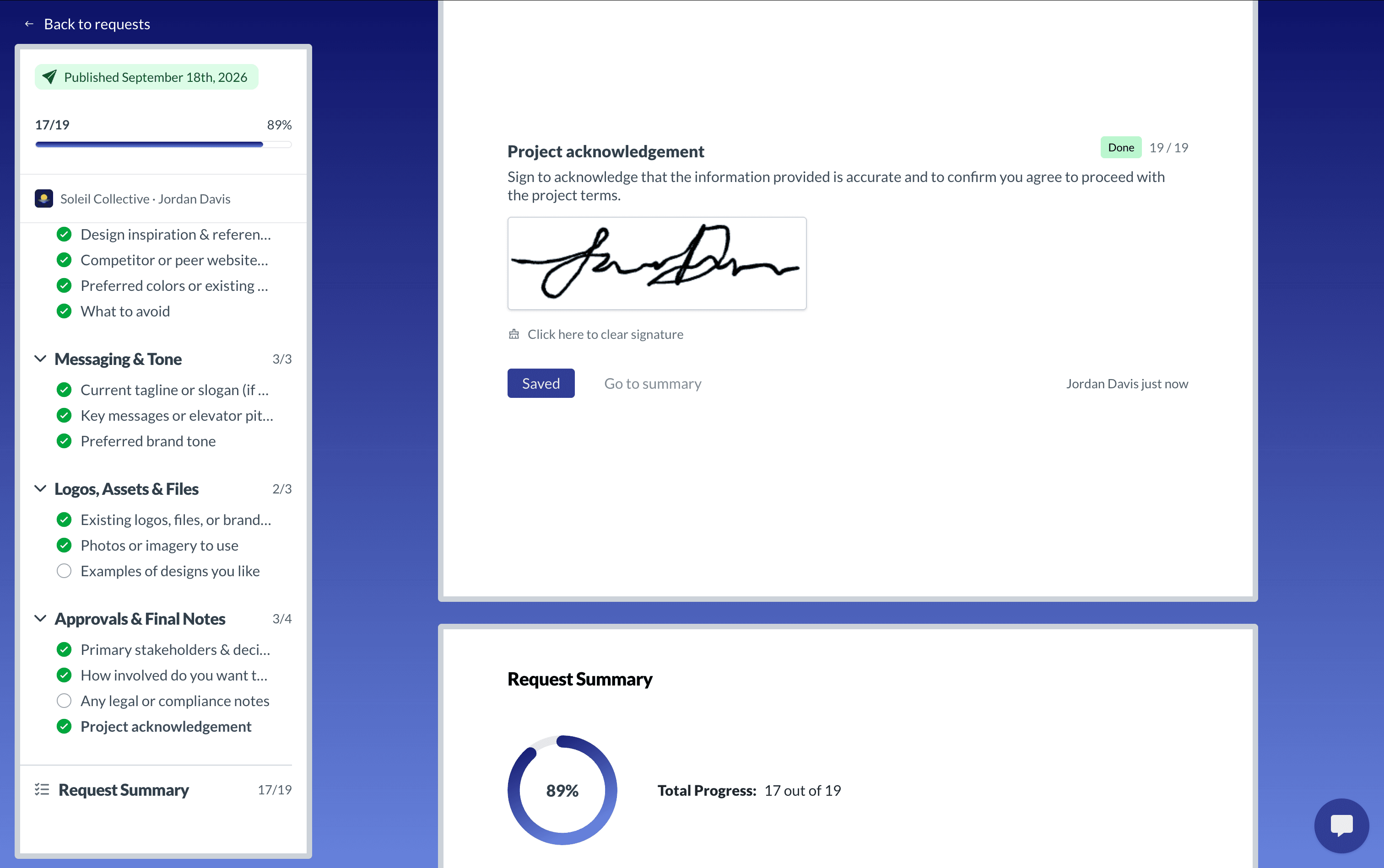 Signed project acknowledgement in a client request form