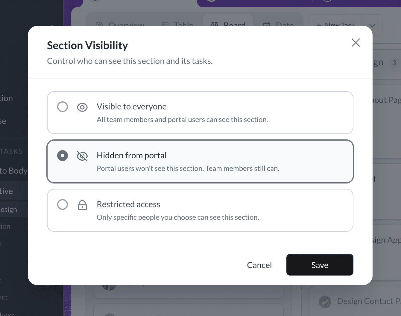 Task visibility options showing private and client-visible task settings