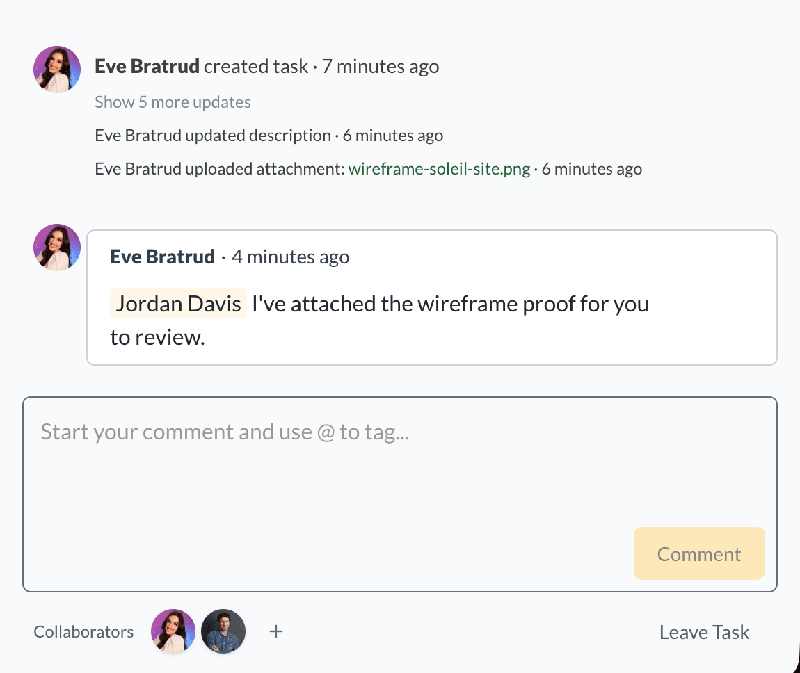 Task conversation showing an uploaded attachment, activity history, an @mention, and collaborators