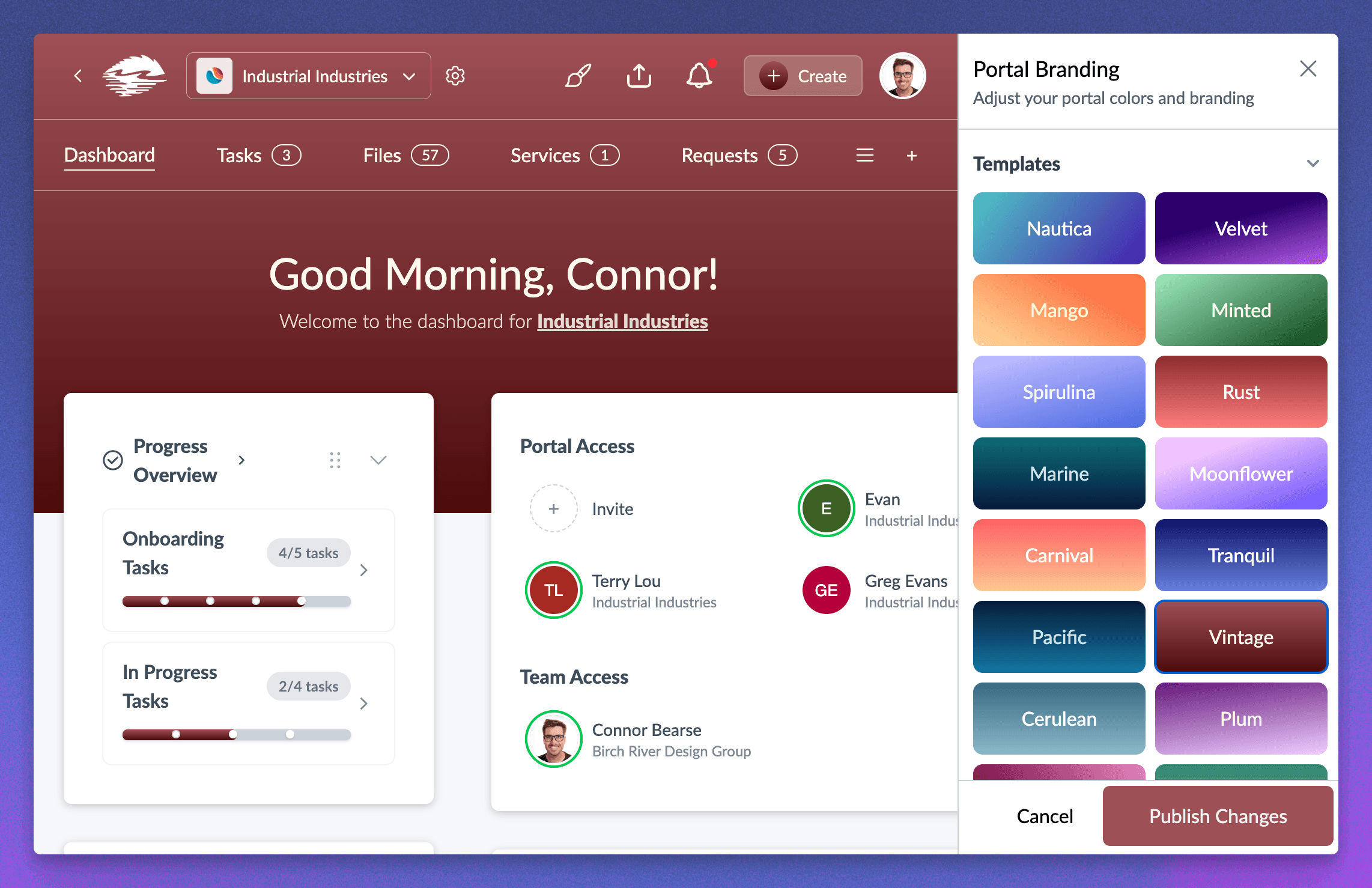 Portal theme color controls and pre-made templates