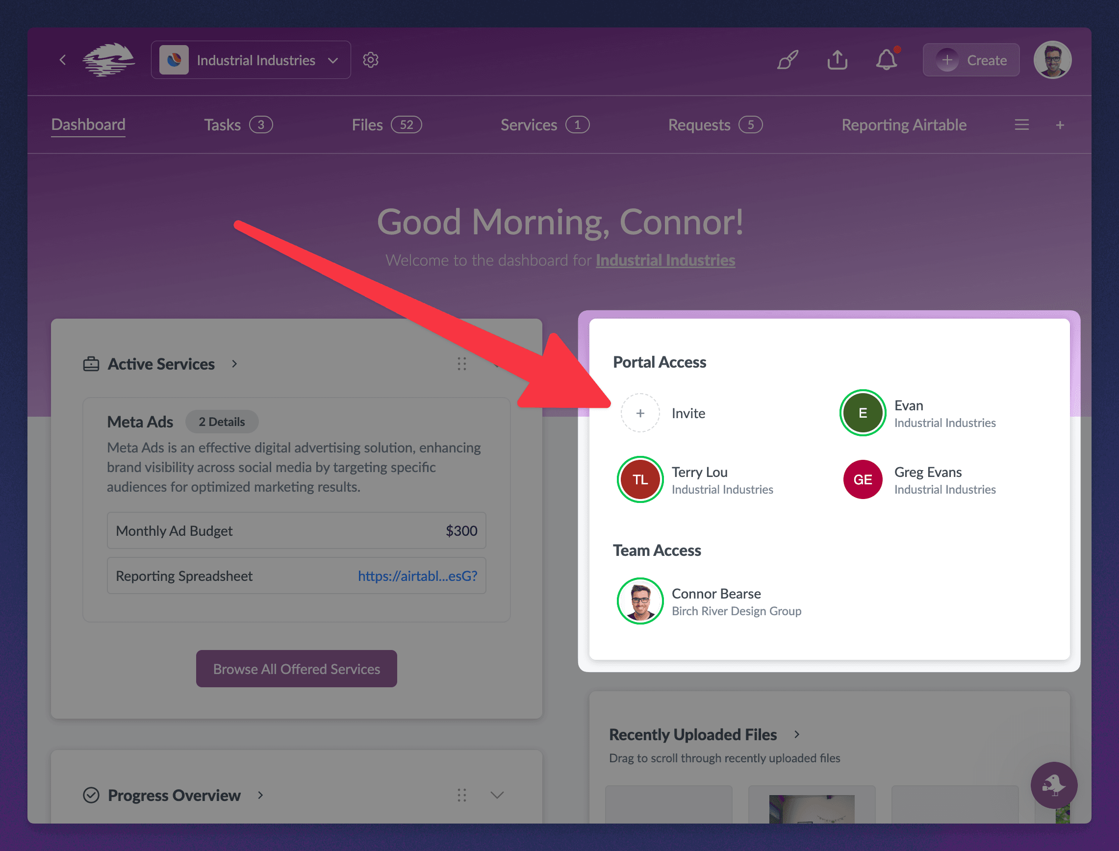 Portal Access widget with the Invite button