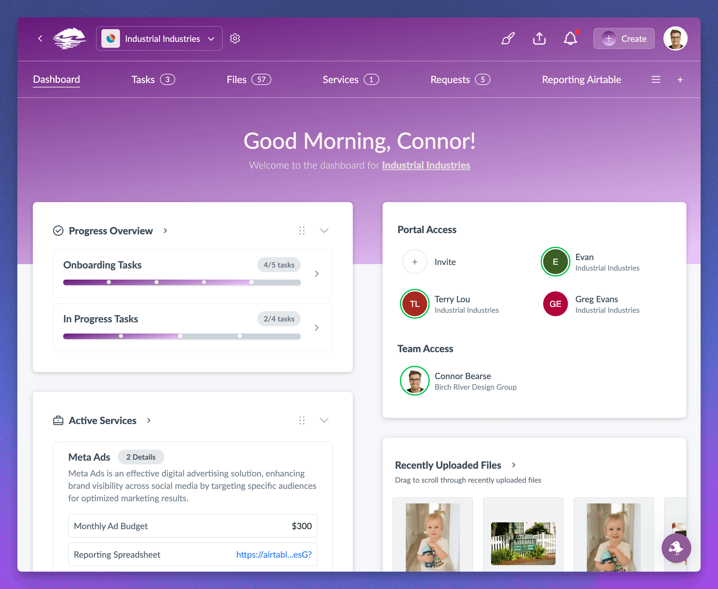 Client portal dashboard with widgets and account information