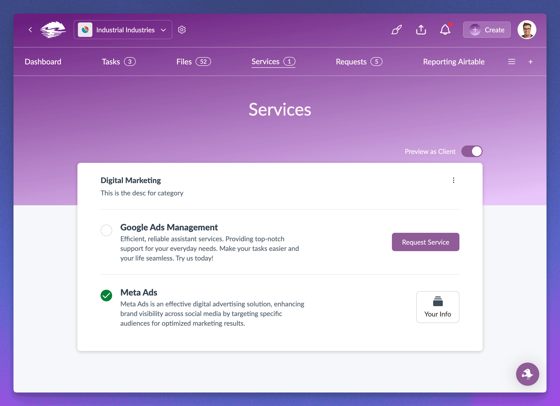Service Showcase in the client portal