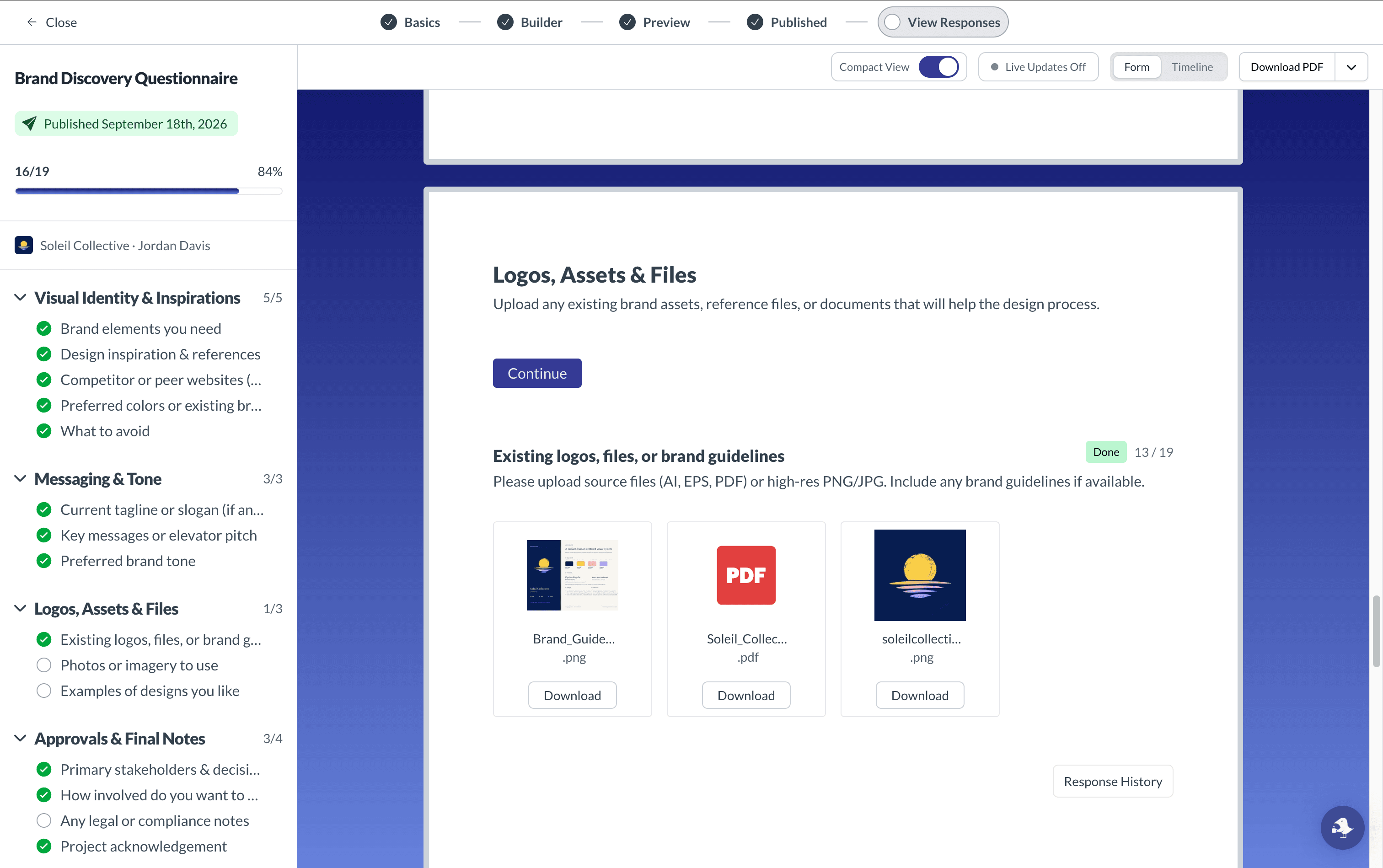 Submitted brand assets and files in a client request response