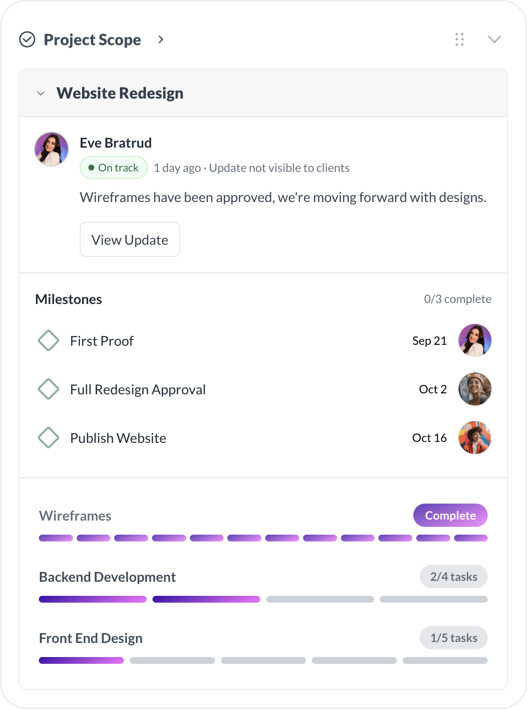 Task board overview showing milestones, organized work, and a project status update