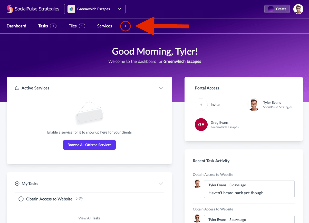 Plus button beside client portal navigation used to add a custom page
