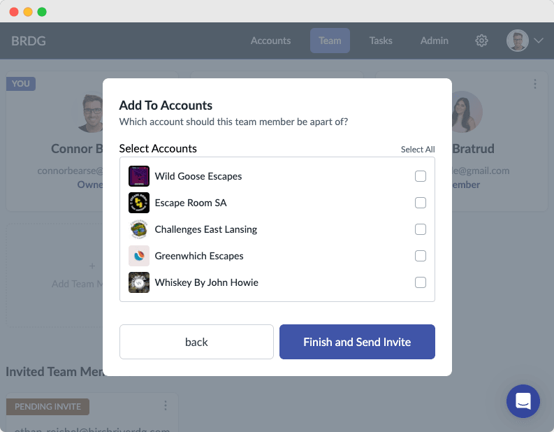 Team invite dialog used to choose the client accounts a new member can access
