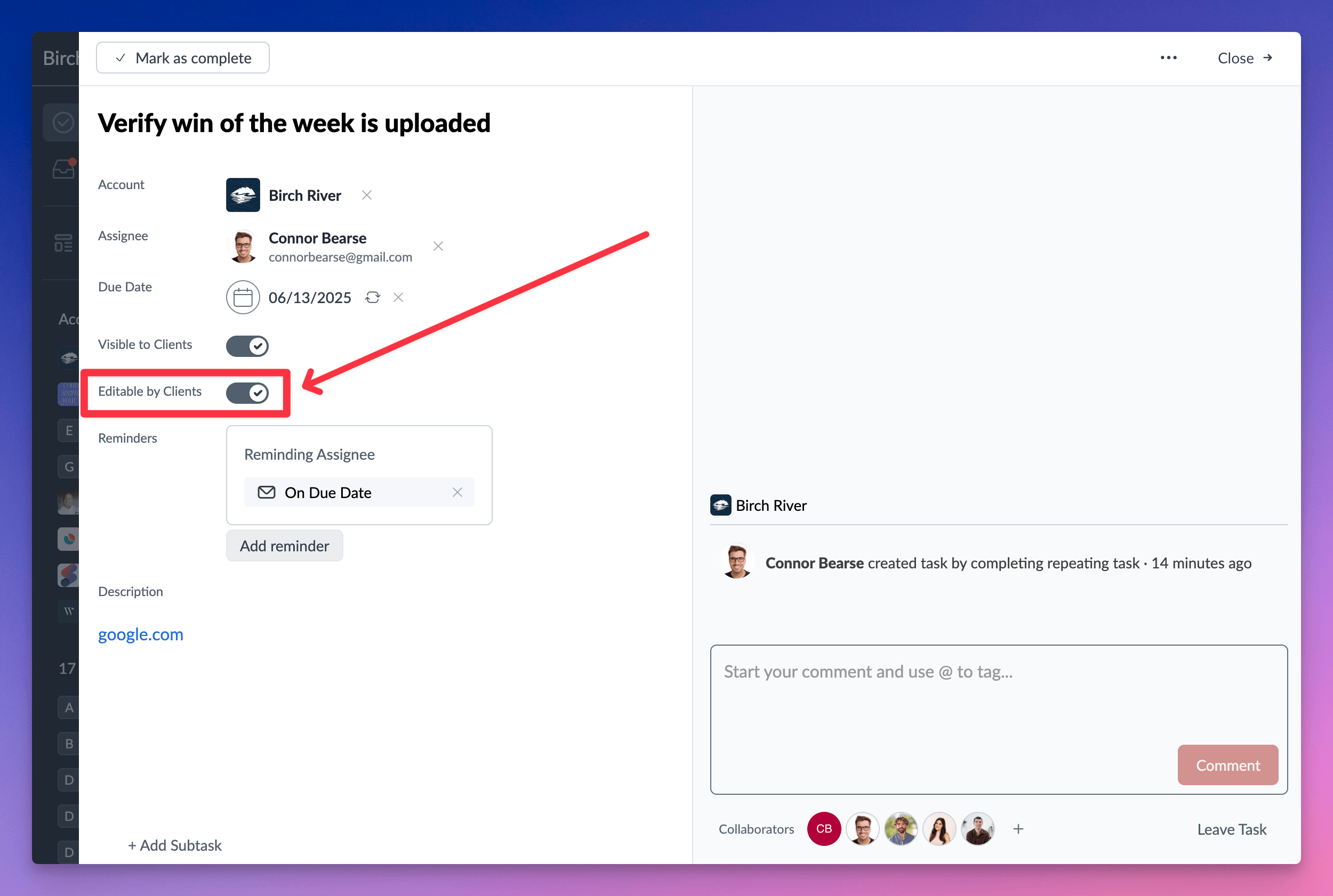 Task client-access control used to stop clients from editing a visible task