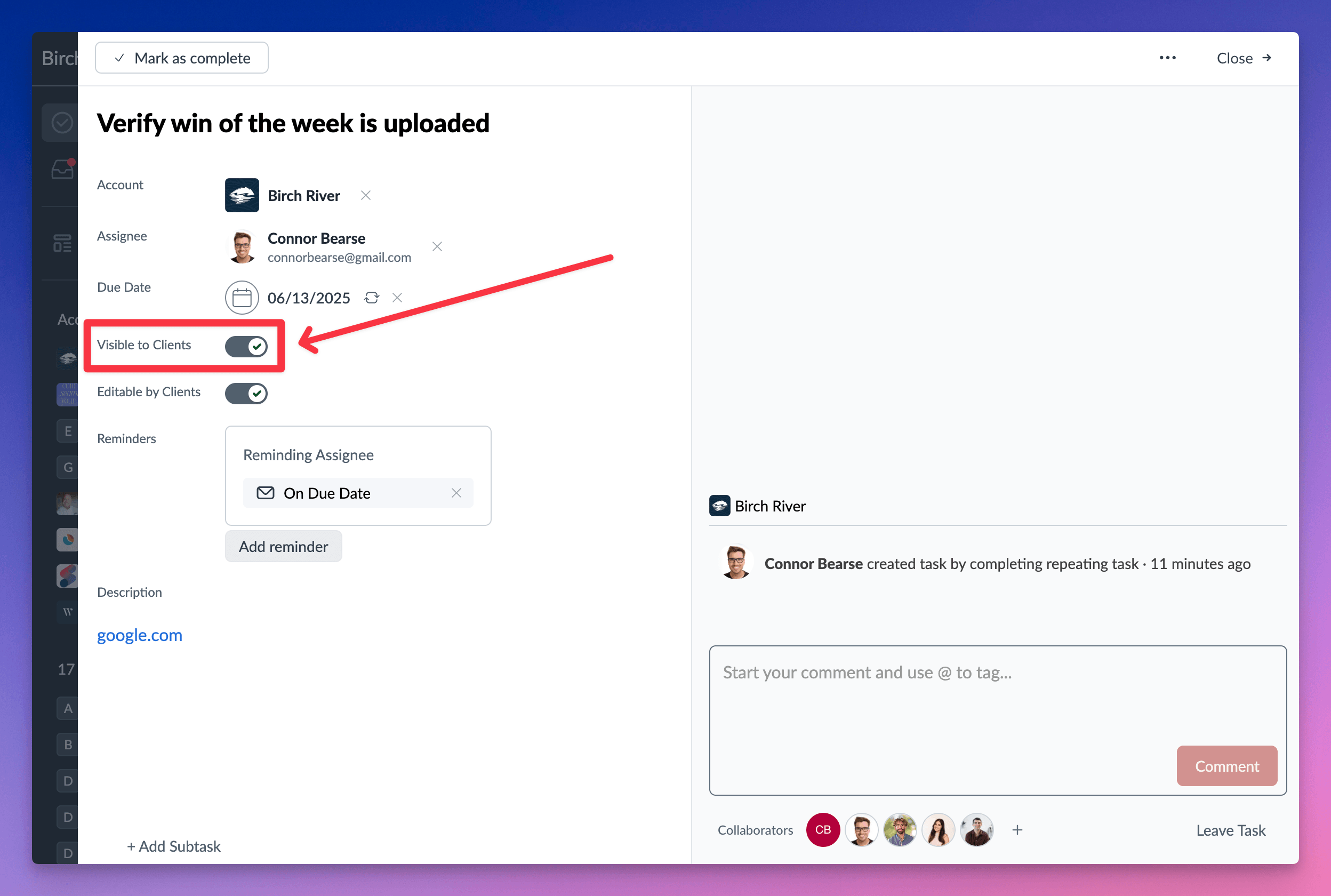 Task client-access control used to hide a task from clients