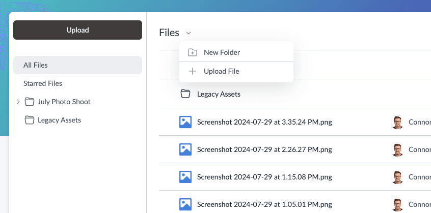 Files menu with New Folder and Upload File actions