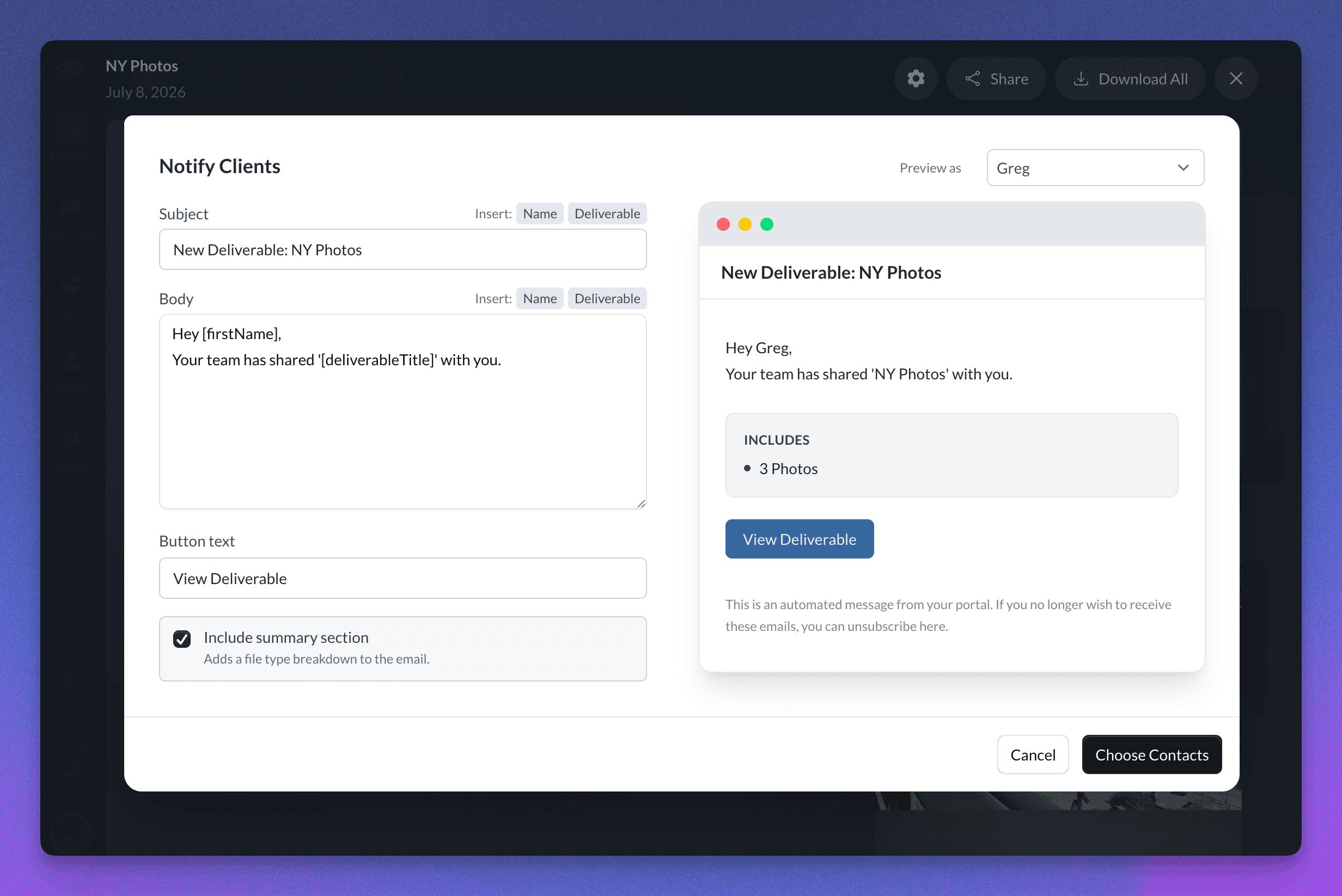 Share Deliverable dialog with client recipients and email content