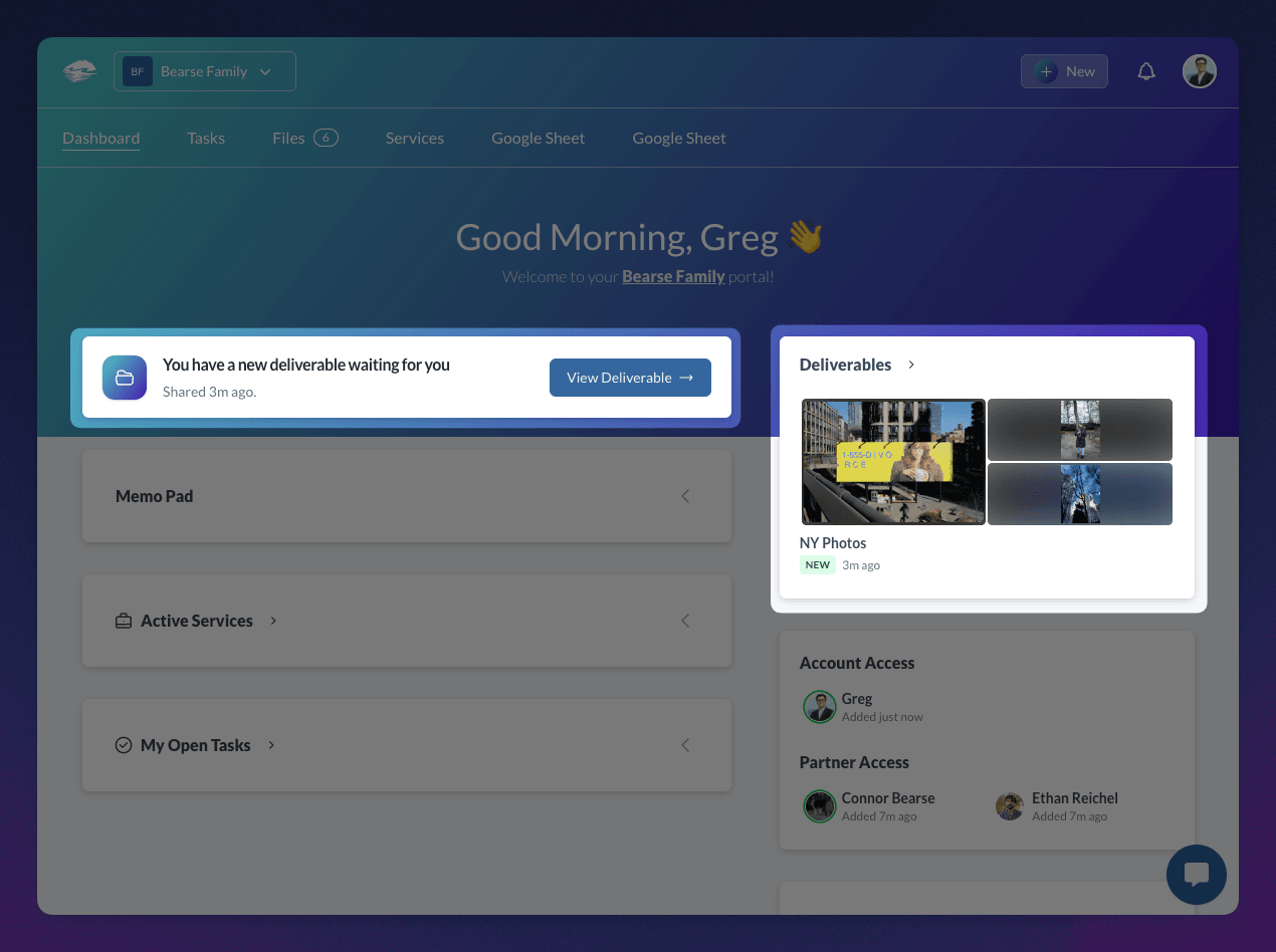 Client portal home card announcing a new Deliverable