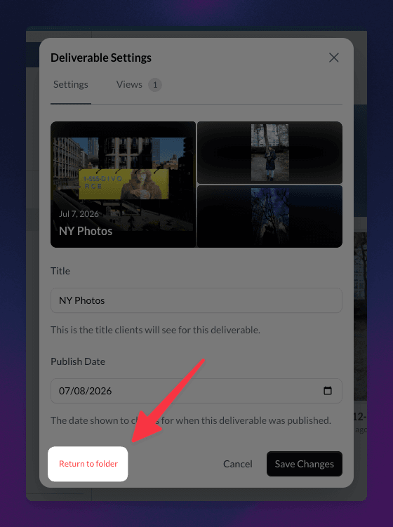Deliverable Settings panel with Return to folder highlighted
