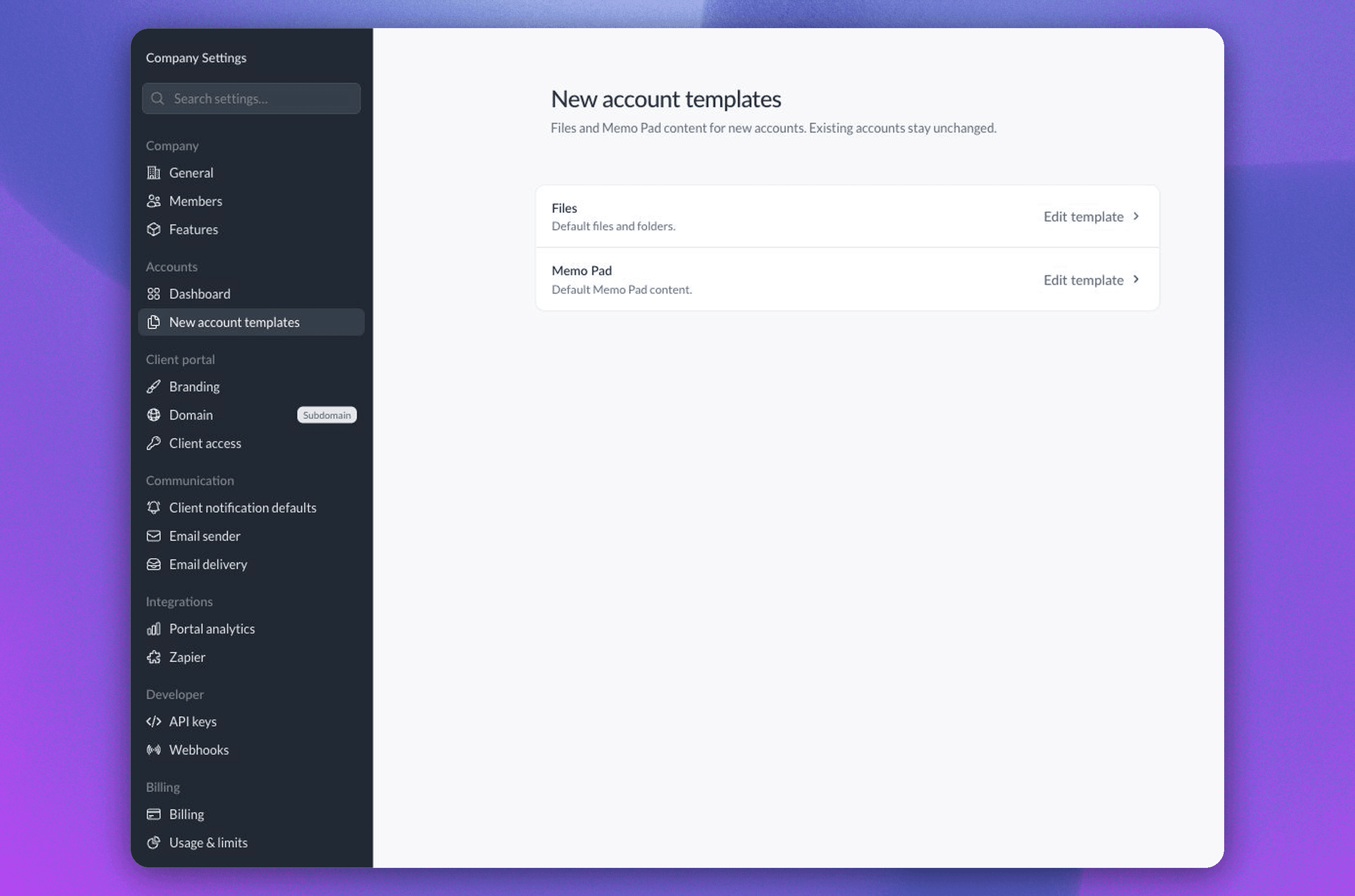 New account templates under Accounts in Company Settings, with Edit template actions for Files and Memo Pad