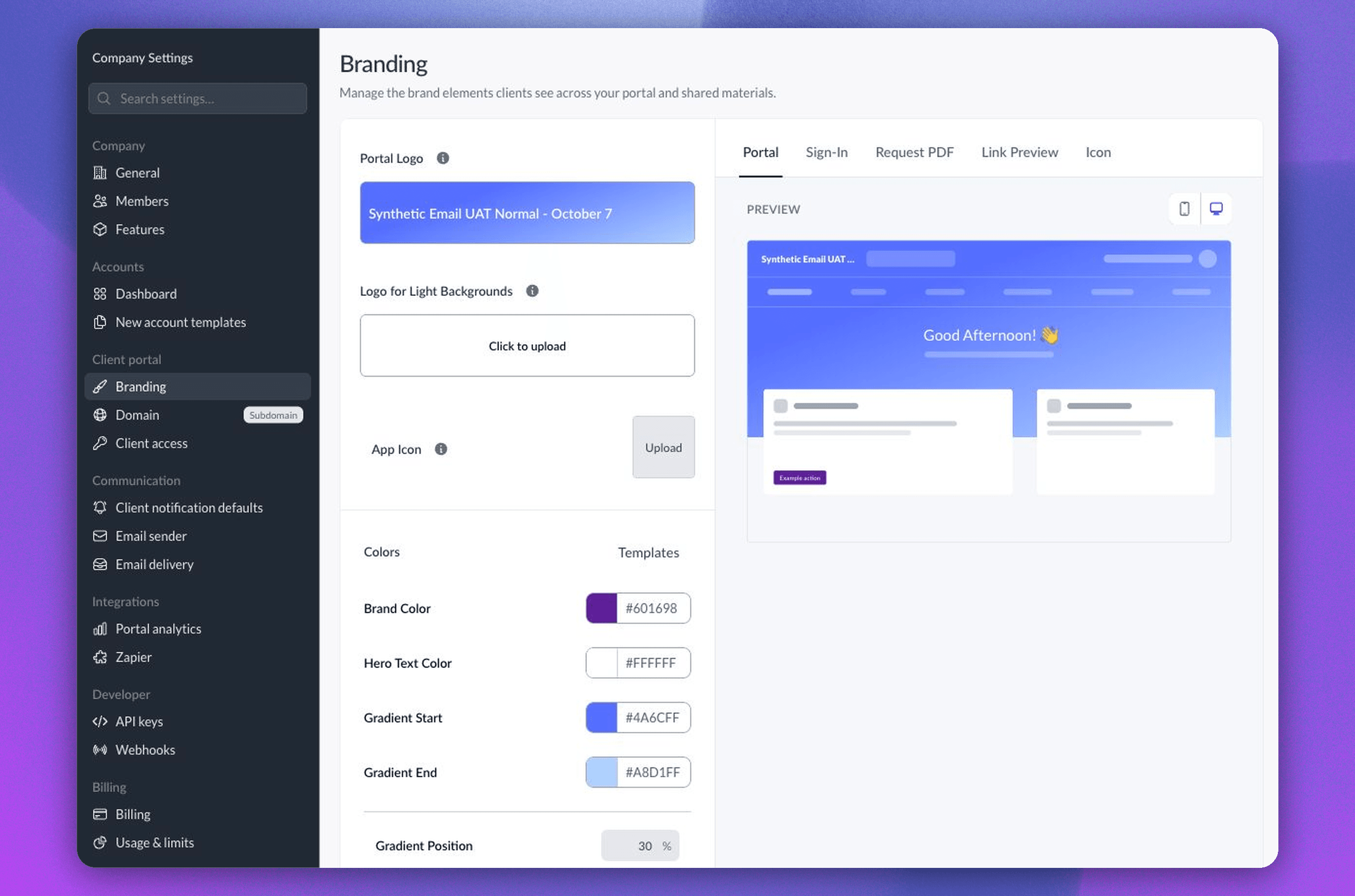 Branding settings with logo controls, colors, and Portal, Sign-In, Request PDF, Link Preview, and Icon preview tabs