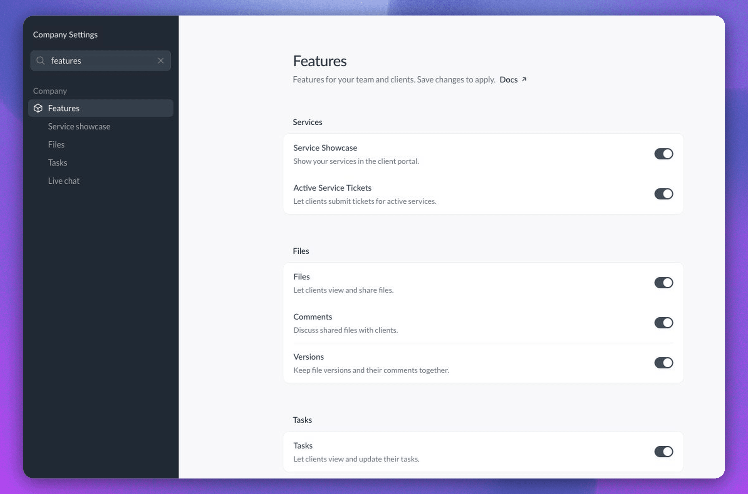 Features settings with Service Showcase, Files, and Tasks switches and the settings search