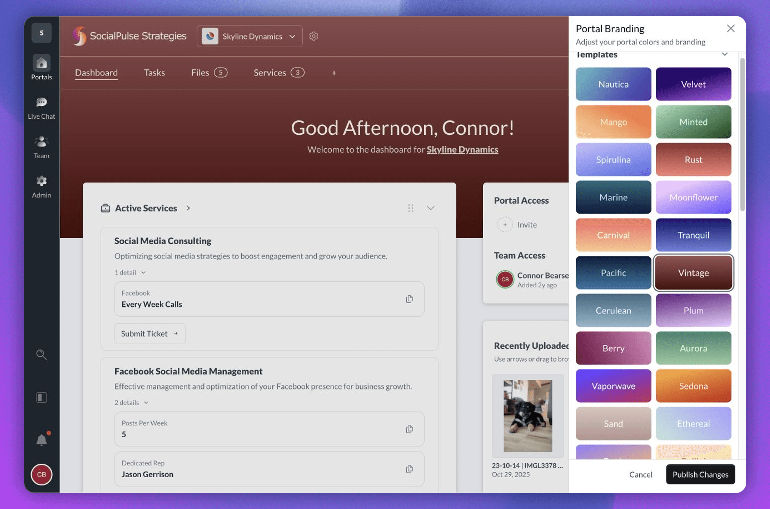 Portal theme color controls and pre-made templates